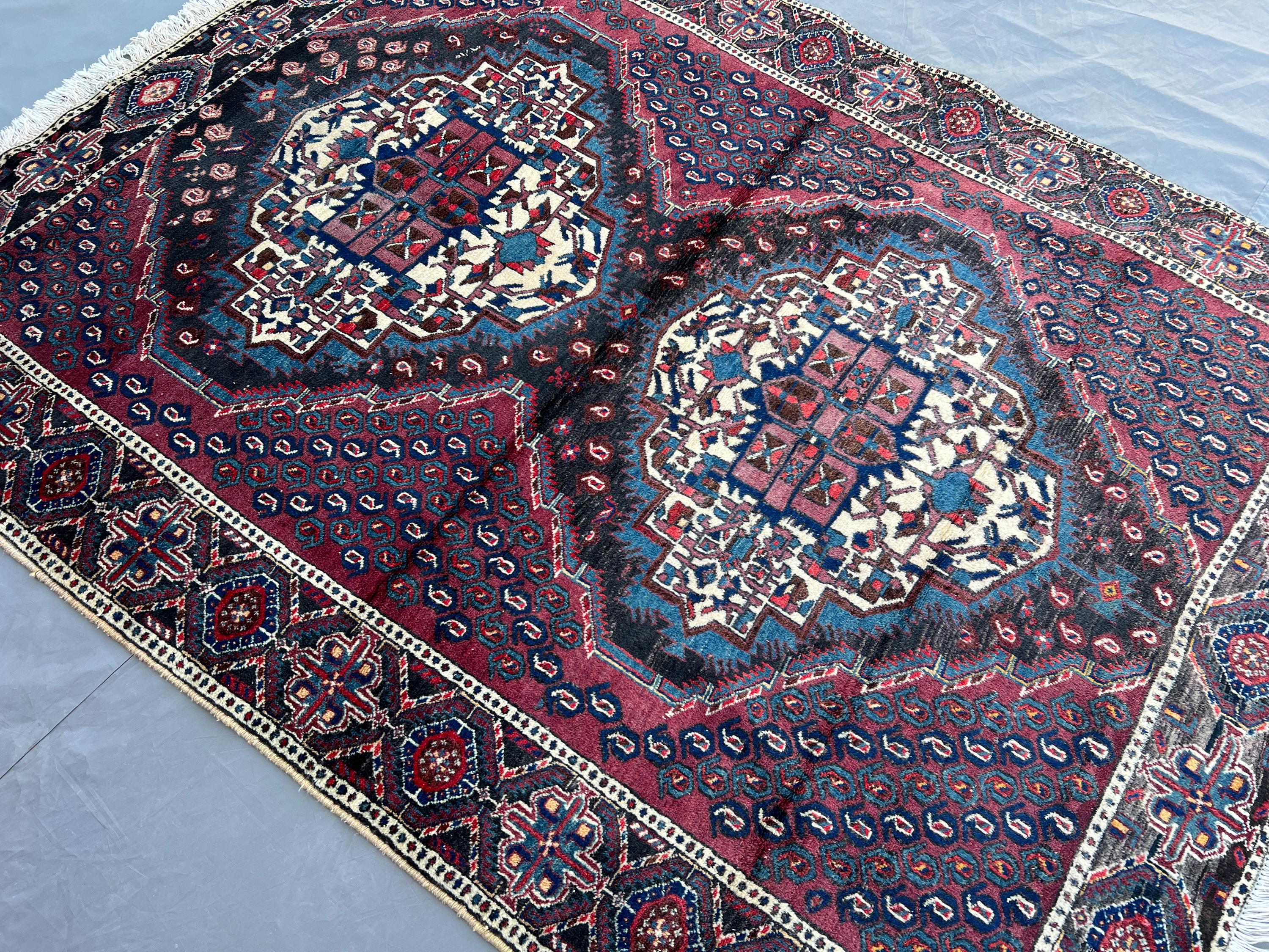 5x6 Vintage Afghan Rug | Hand-Knotted Wool Carpet | Tribal Medallion Design | Oriental Red Navy Rug | Boho Wool Area Rug for Home Decor