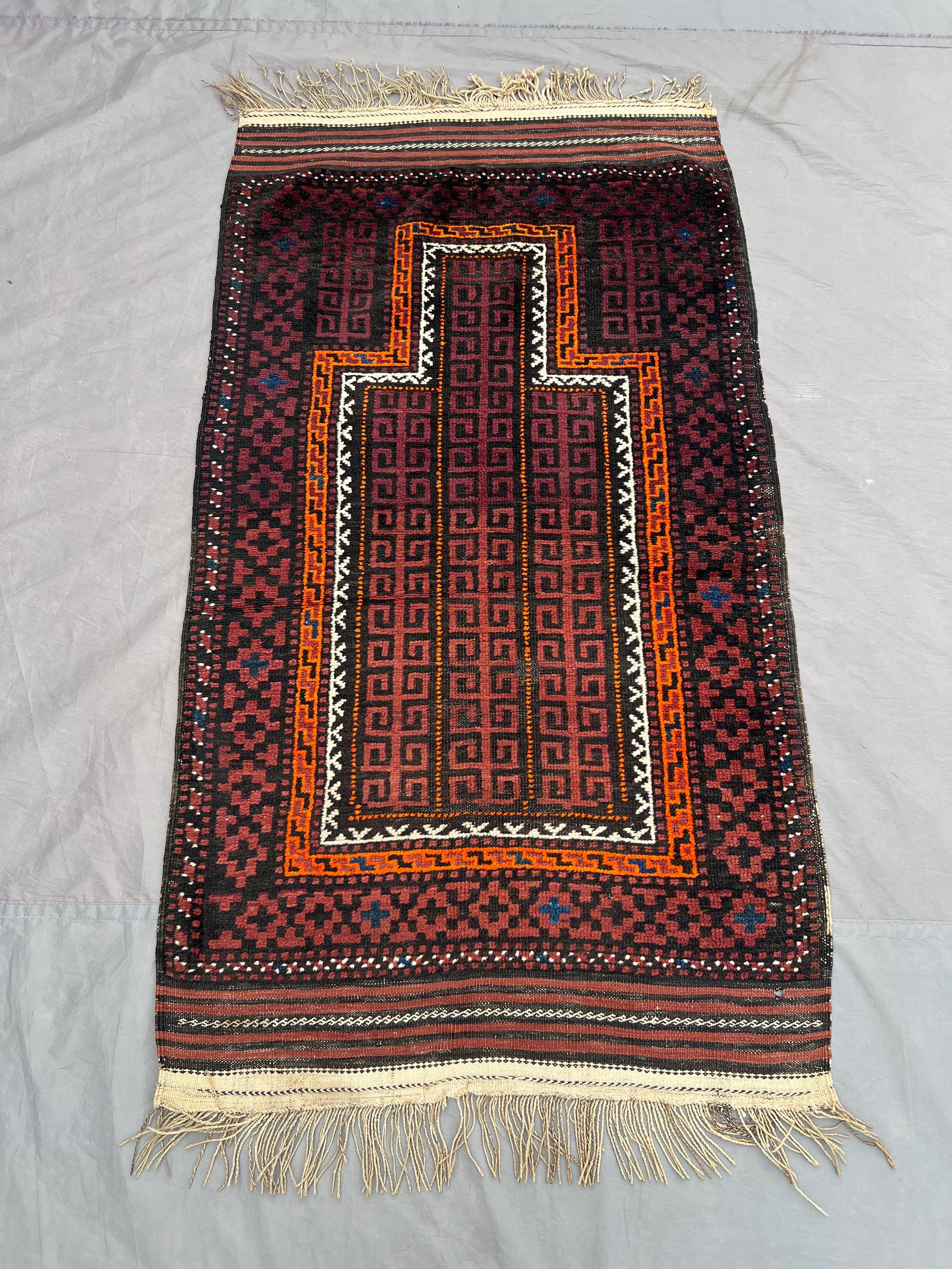 3 x 5 ft Afghan Hand Knotted Vintage Balochi Prayer Rug Soft Wool Pile Red Black Tribal Geometric One Of A Kind rug | Home boho decor