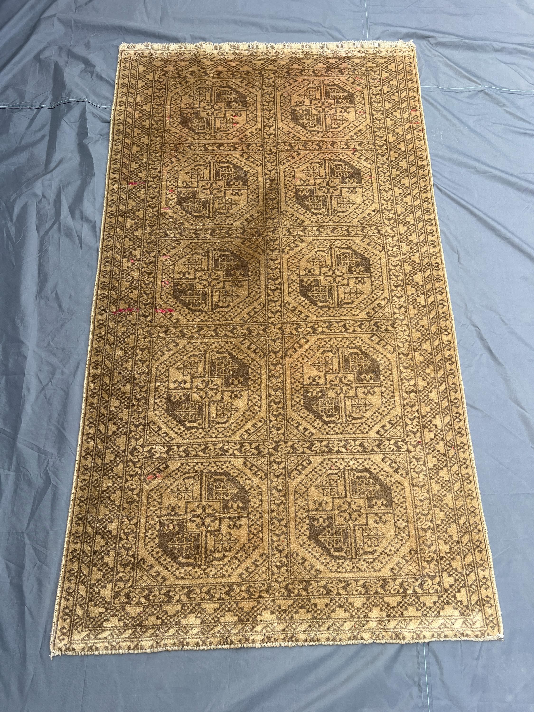 3x6 Vintage Turkmen Bukhara Rug – Hand Knotted Wool Carpet, Beige & Brown Low Pile Rug, Tribal Geometric Area