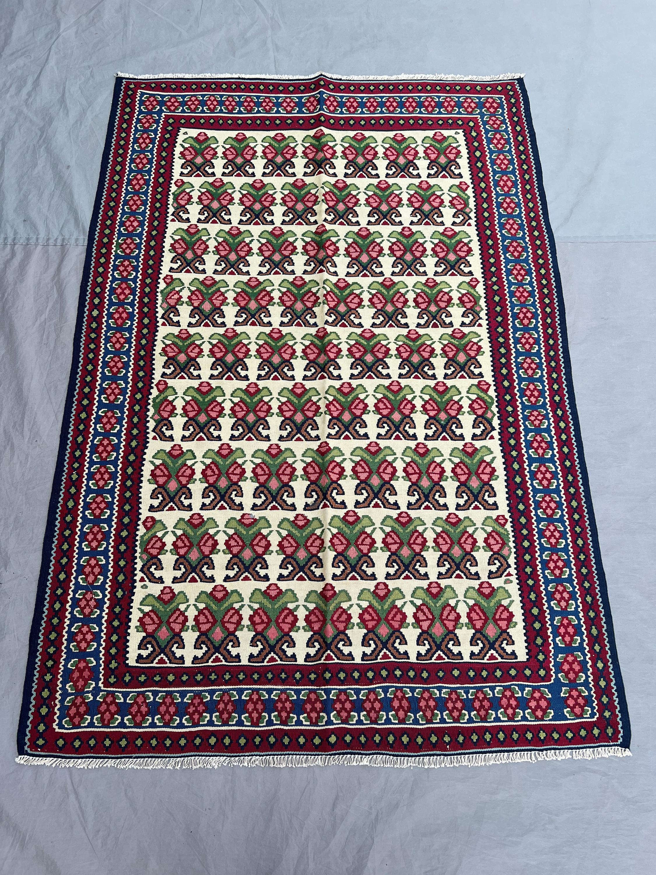 3'8x5'4 ft Vintage Afghan Baluchi Handwoven Flatweave - Floral Geometric Design, Traditional Oreintal Tribal W
