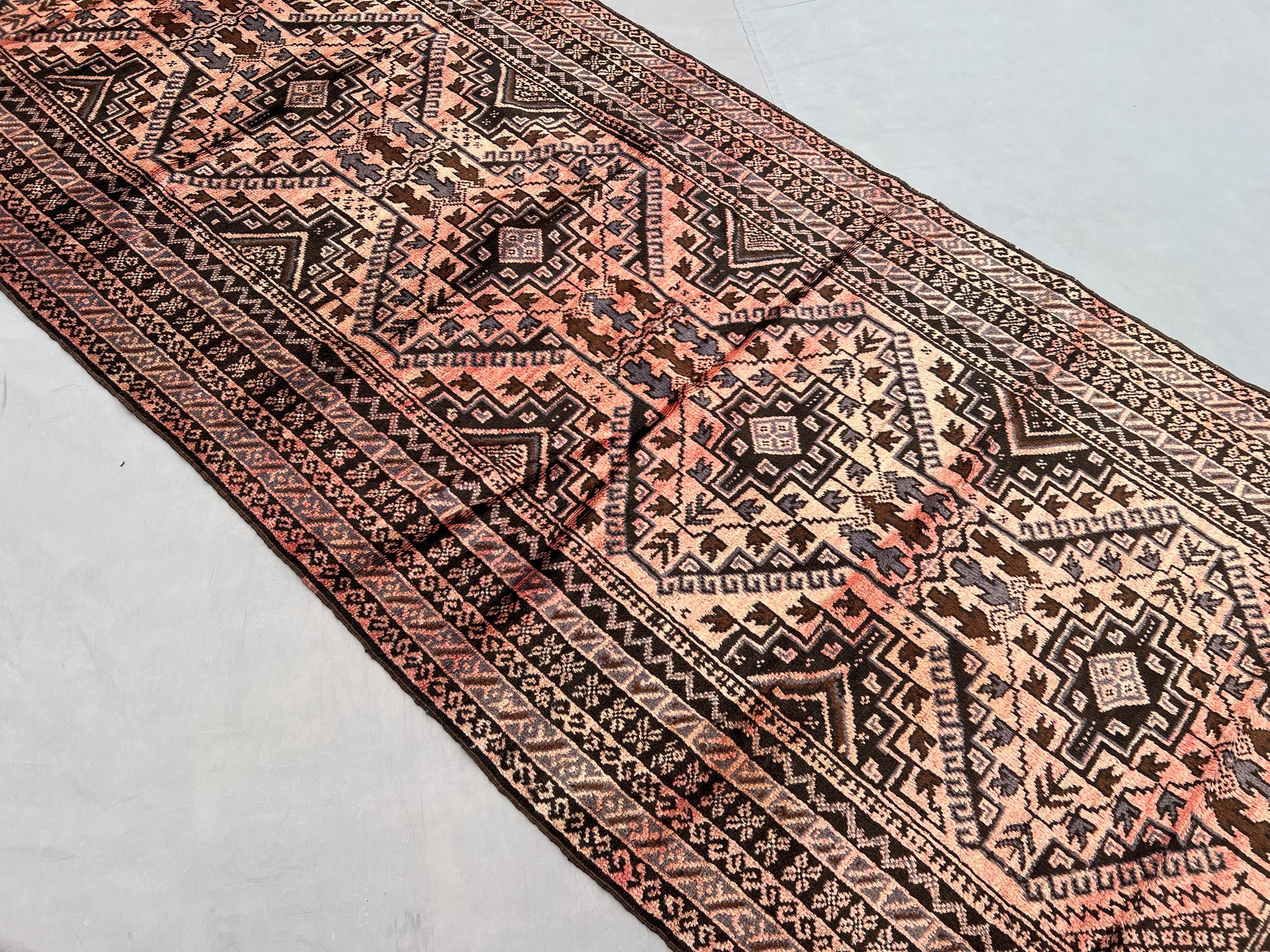 4x13 Vintage Baluchi Runner Rug, Hand Knotted Wool 1950s Low Pile Rug, Tribal Oriental Hallway Carpet, Rare Long Wide Runner Rug