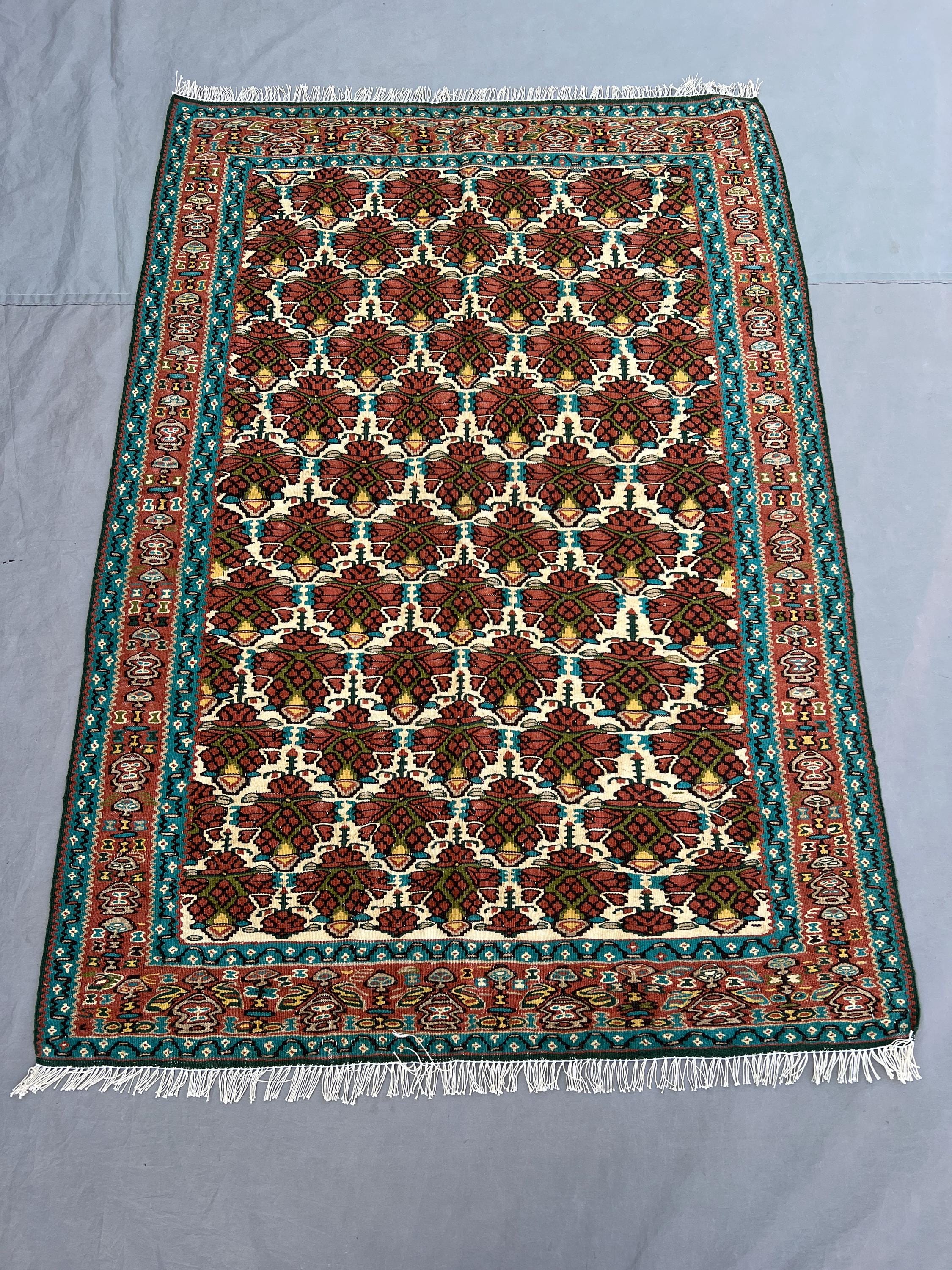 3'8x5'3 Ft Vintage Afghan Kilim Handwoven Wool Flatweave All-Over Floral Lattice Ivory Rust Teal Area Rug | Living Room Bedroom Boho Decor