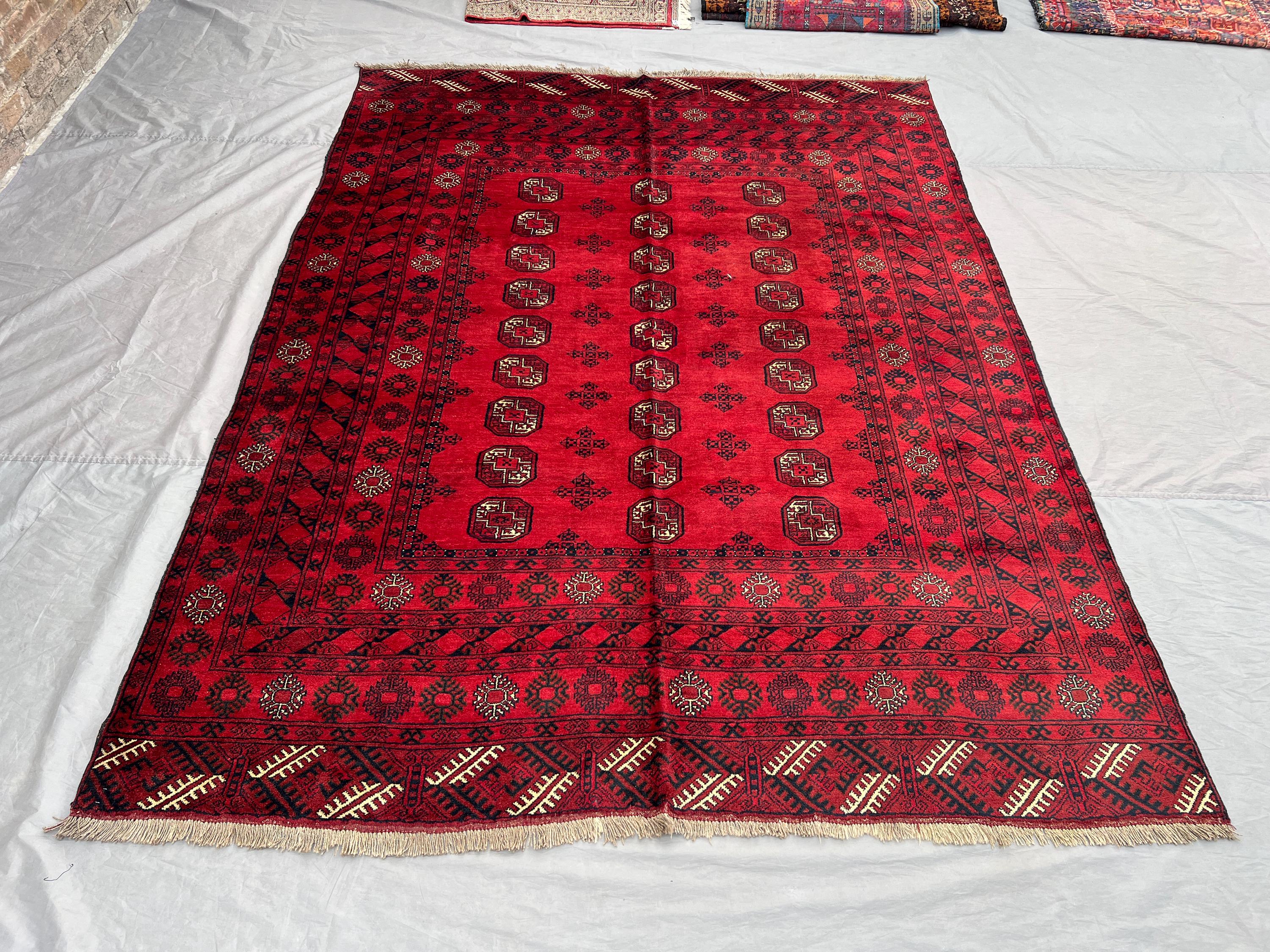 Vintage Red Afghan Turkmen Bukhara Rug | 7x9 ft Hand Knotted Wool Tribal Geometric Carpet | Living Room Entryw