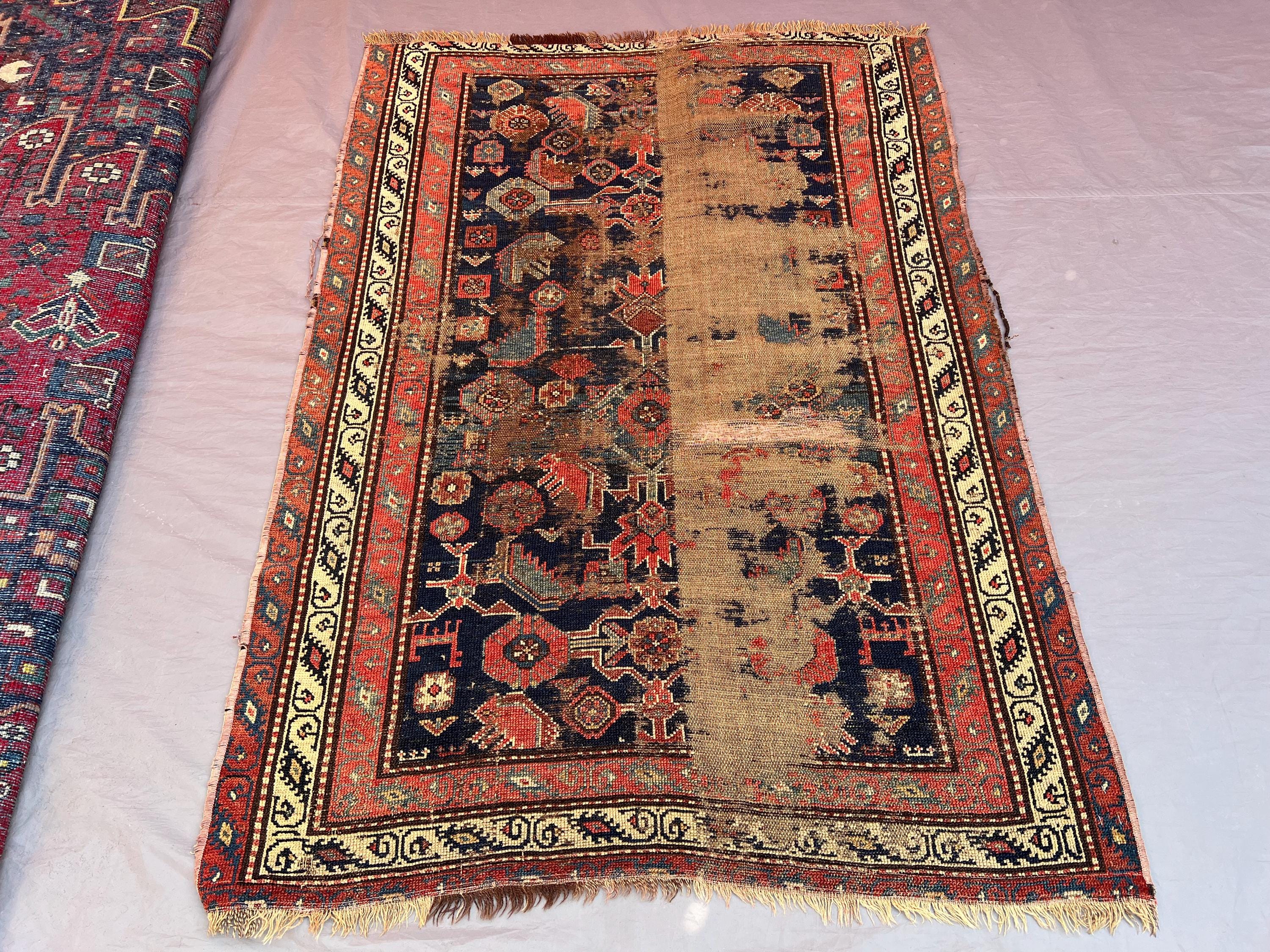 3'7x4'11 ft Antique Afghan Handwoven Kilim Rug, Distressed Flatweave, Tribal Geometric, Low Pile Red & Blue, L