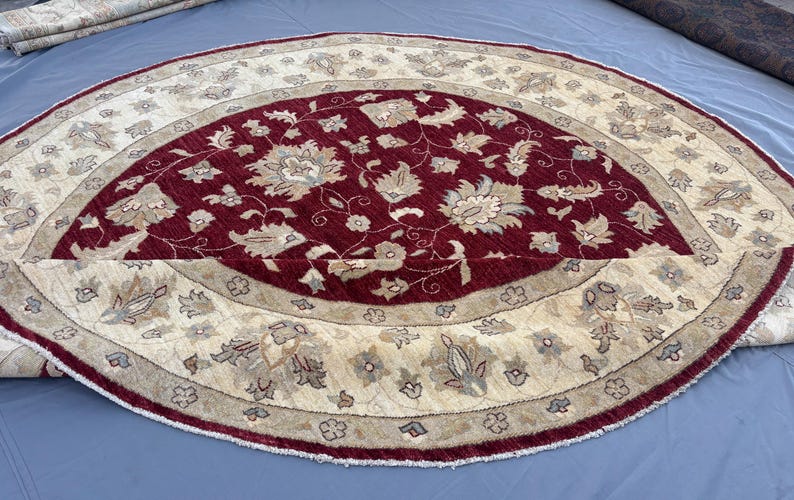 8 x 8 Afghan Hand-Knotted Modern Soft Pile Oval Oushak Design Luxury Wool Rug Elegant Floral Pattern Stylish Living Room Decor | Bedroom rug image 11