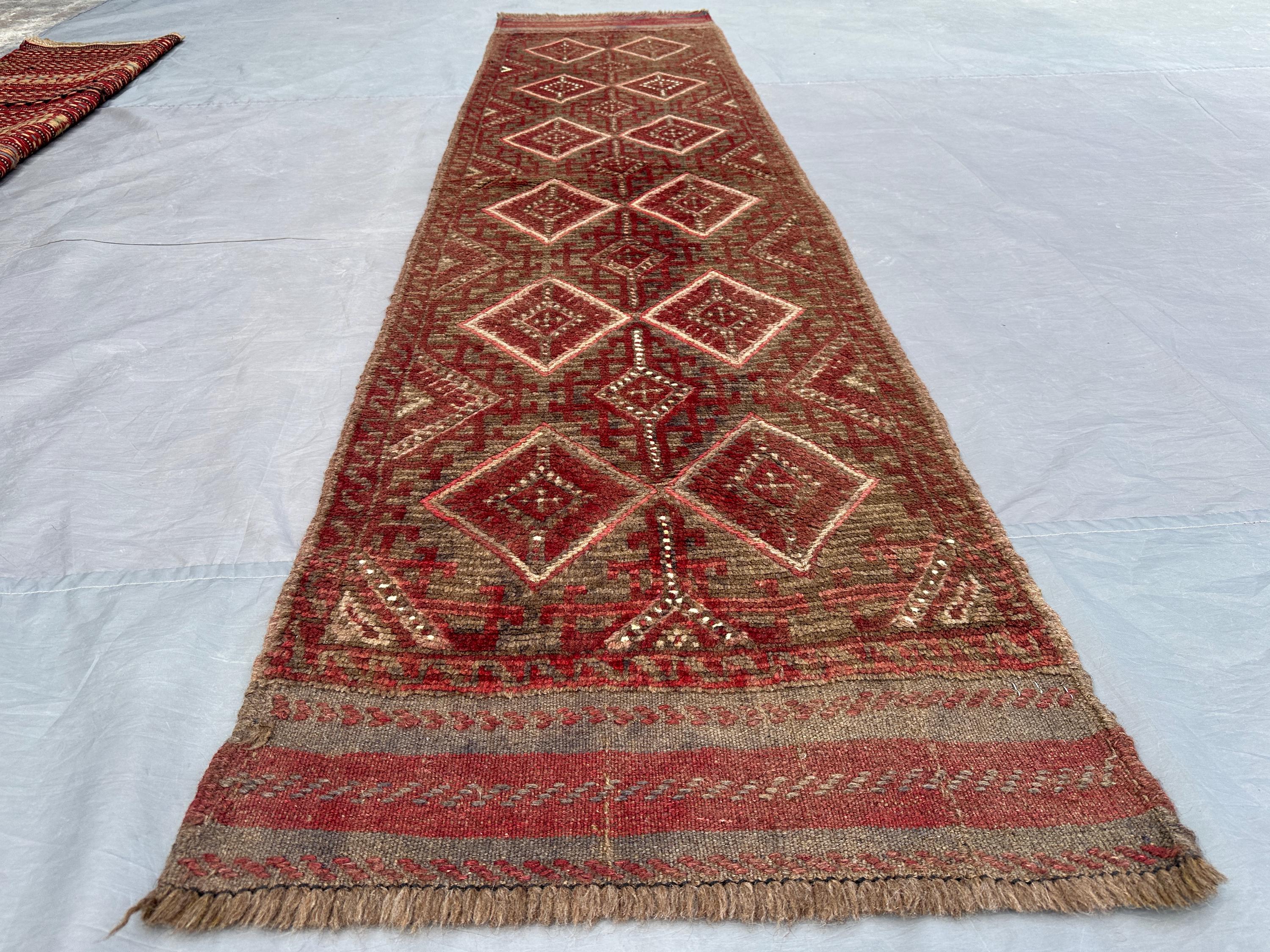 2x8 Antique Afghan Handmade Runner Rug | Tribal Mishwani Baluch Wool Rug | Vintage Terracotta Hallway Carpet | Rustic Bohemian Kitchen Rug