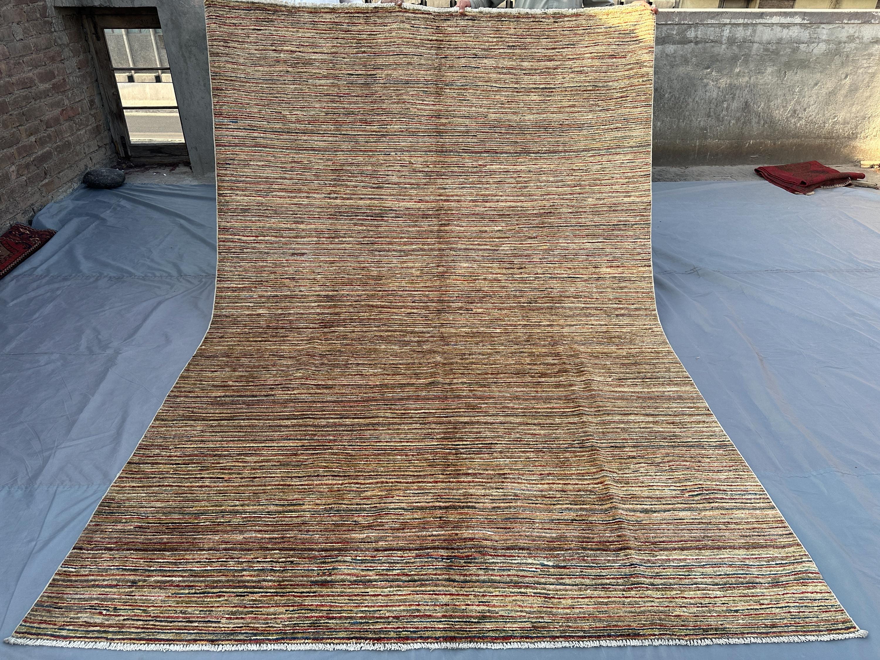 7x10 Afghan Hand Knotted Gabbah Rug, Berber Modern Wool Area Rug, Striped Minimalist Design Beige Brown Multic