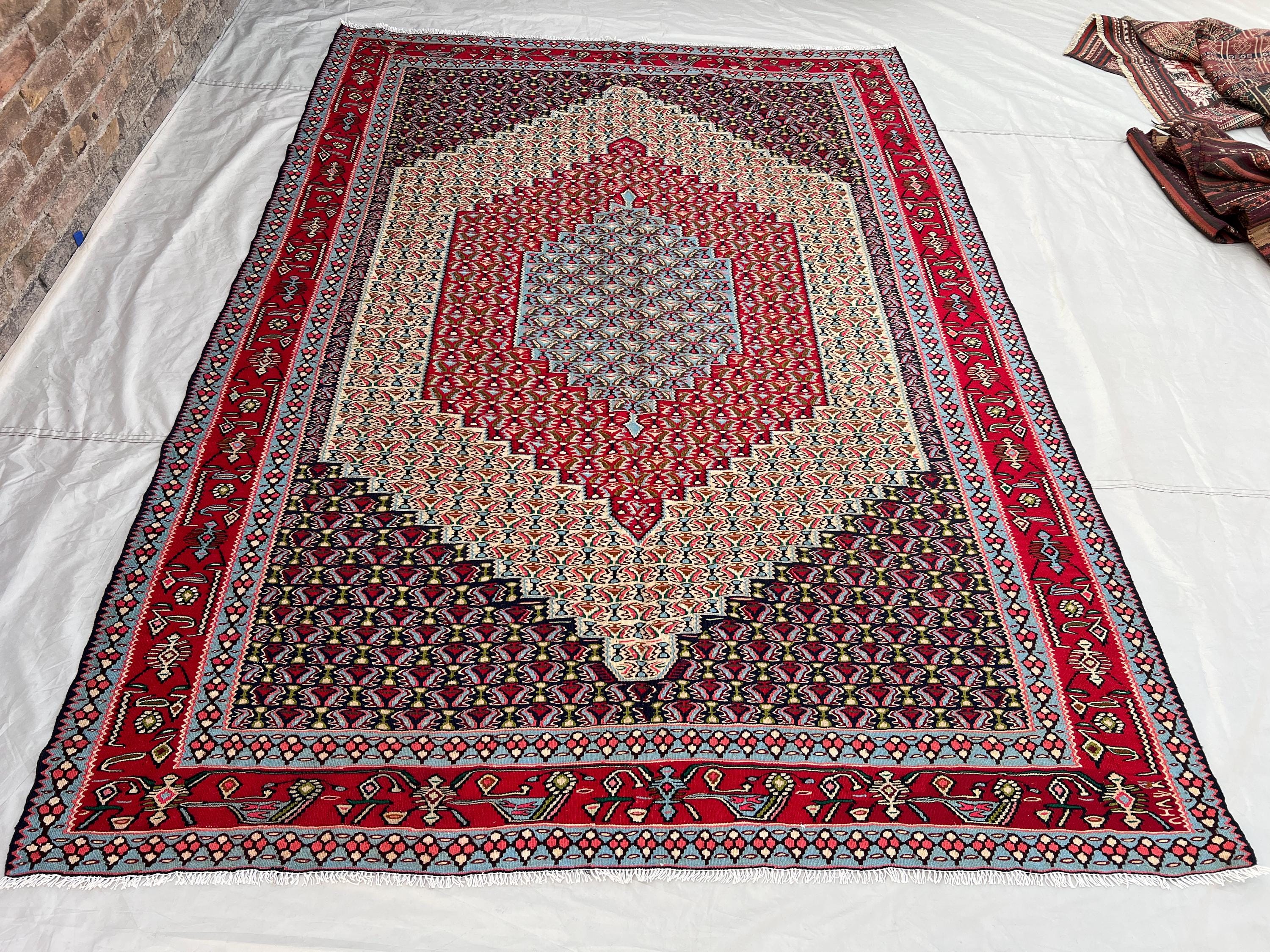 6'7x9'3 ft Vintage Afghan Kilim Rug | Handwoven Tribal Diamond Medallion | Ivory & Crimson Red Flatweave | Area Rug Living Room Dining Room