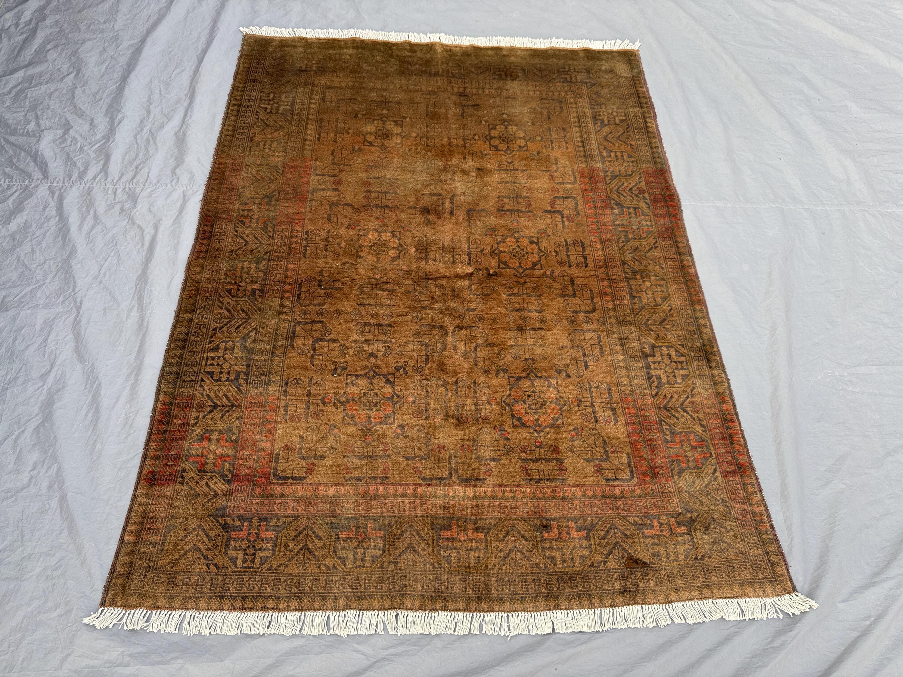 4.10 x 6.4 ft Afghan Hand-Knotted Vintage Soft Pile Rug Terracotta Faded Turkoman Bokhara Design One-of-a-Kind Collector's Piece