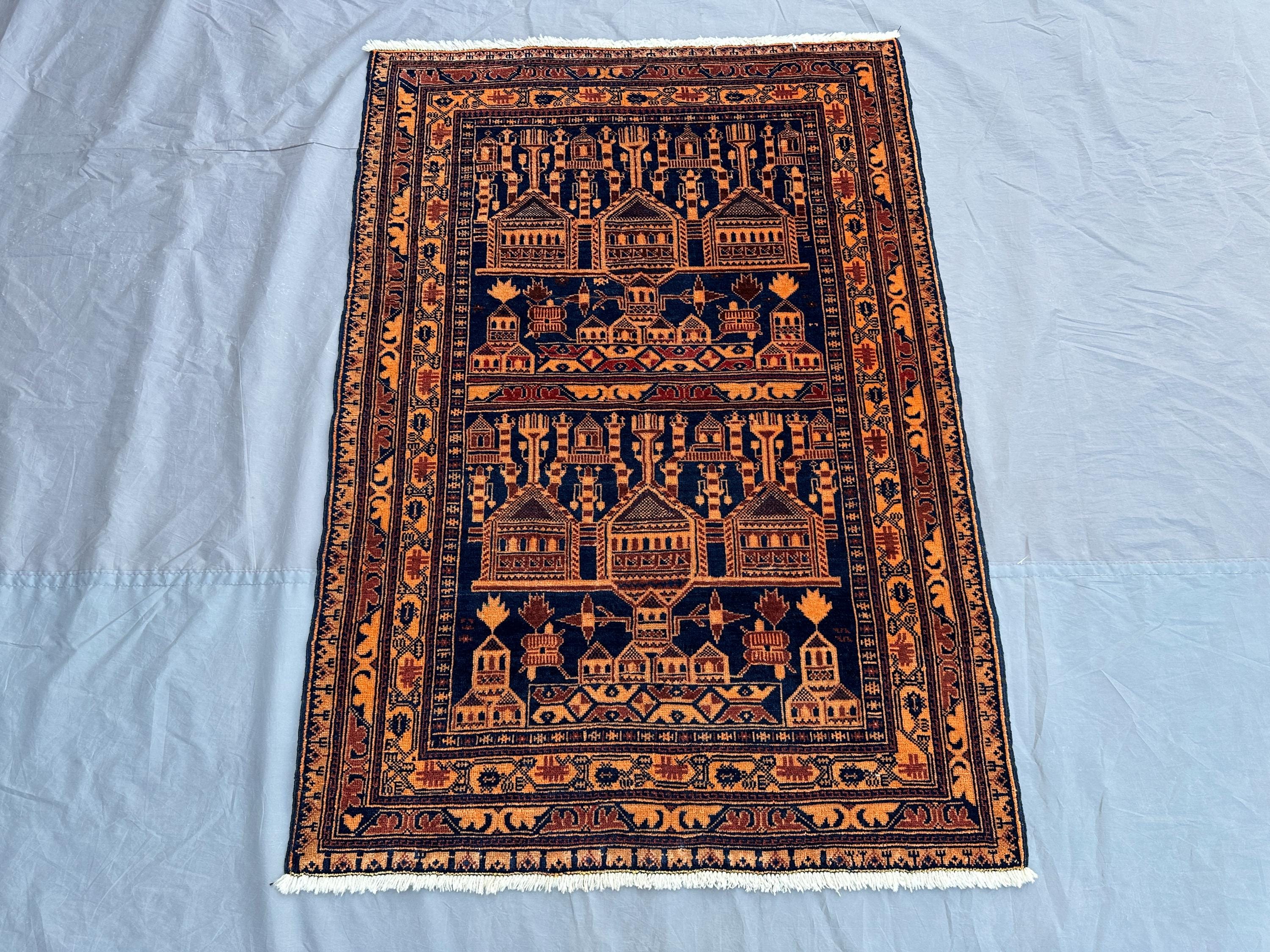 3'1" x 4'5" Afghan Baluchi Rug, Tribal Wool, Vintage, Hand-Knotted, Top Quality, Unique Design, Perfect for Living Room or Bedroom Rug