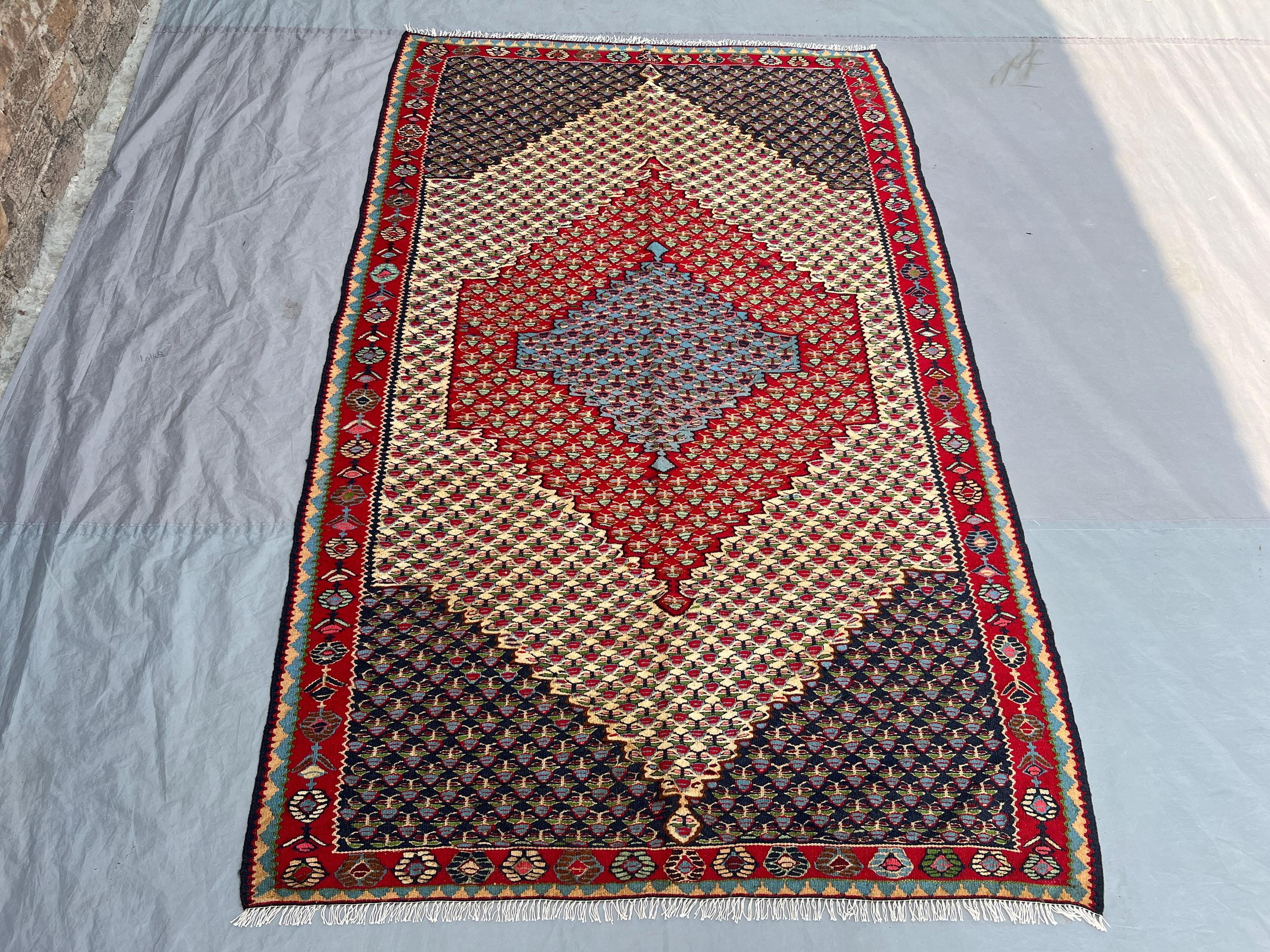 4'2x6'7 Vintage Afghan Senneh Kilim Flatweave | Navy Red Ivory Large Diamond Medallion | Handwoven Wool Rug for Living Room Bedroom Entryway