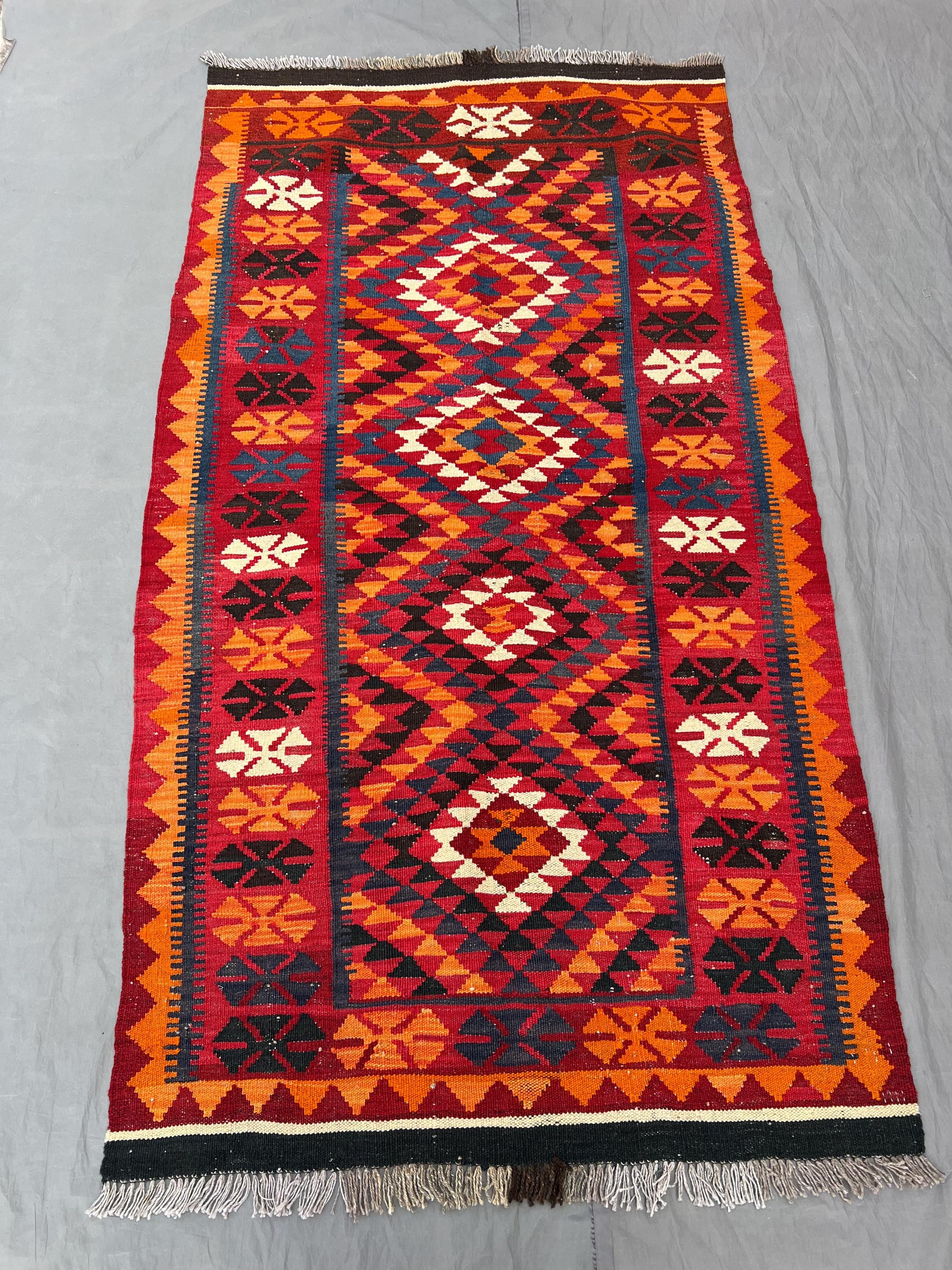 Afghan Hand-Woven Vintage Kilim | 3 x 6 ft | One-of-a-Kind Zanjiri Design | Bold Geometric Patterns Rich Red & Orange Tones, Flat Weave
