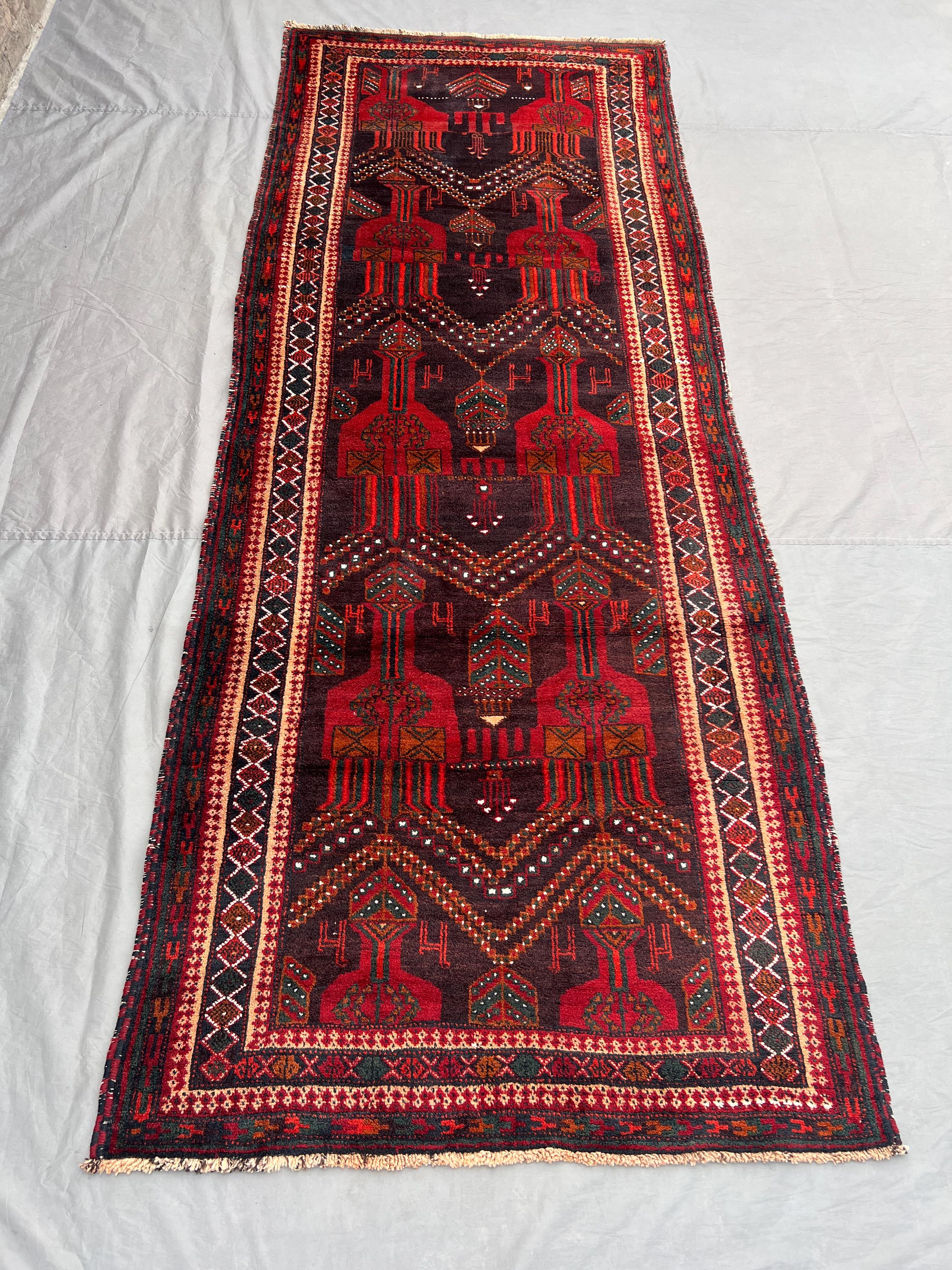 Vintage Red Black Rust Afghan Baluchi Rug | 4x10 ft Hand Knotted Wool Tribal Geometric Runner Carpet | Hallway