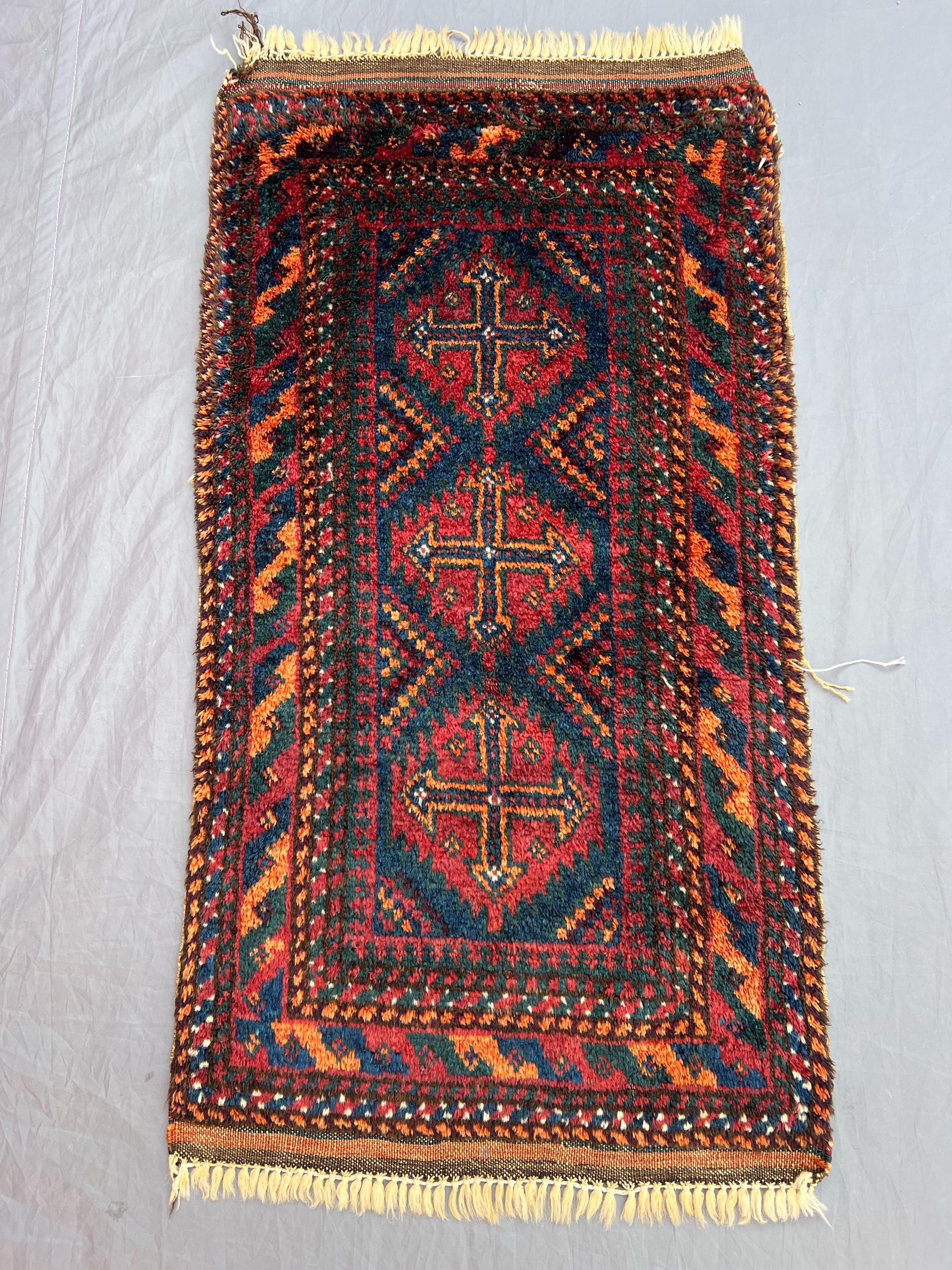 1'4x2'7 ft, Vintage Afghan Baluchi Hand-Knotted Rug, Geometric Tribal Design, Soft Pile, Red, Blue, Wool, Acce