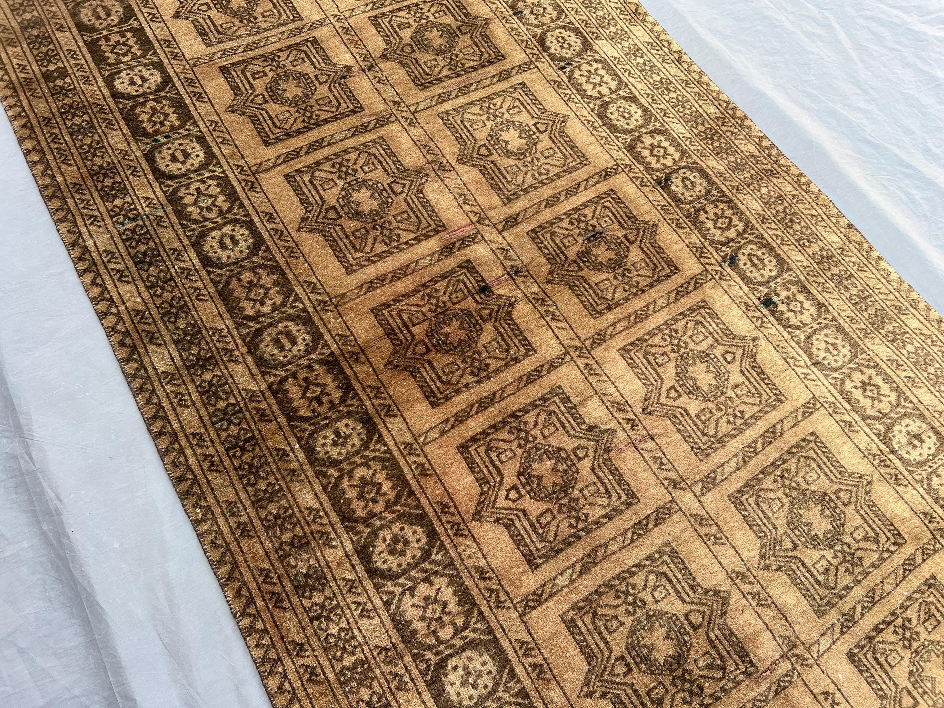 3'3 x 6'3 ft Vintage Afghan Turkoman Tribal Rug | Handmade Wool Carpet | Brown Geometric Pattern | Boho Traditional Floor Decor, Kitchen Rug