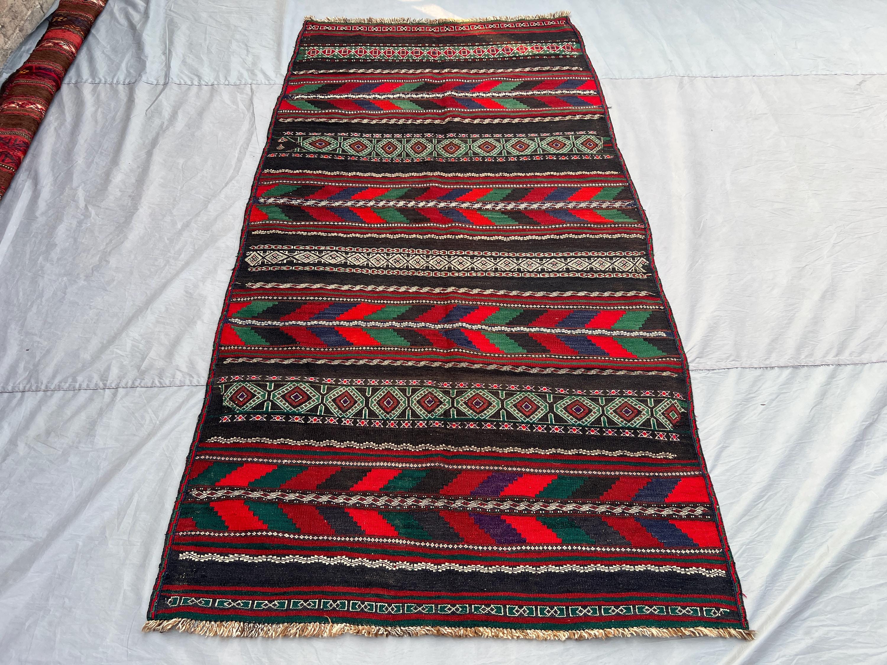 Afghan Kilim Rug 4'5x8'5 | Handmade Wool Tribal Flatweave | Vintage Striped Boho Decor Rug | Ethnic Wool Area