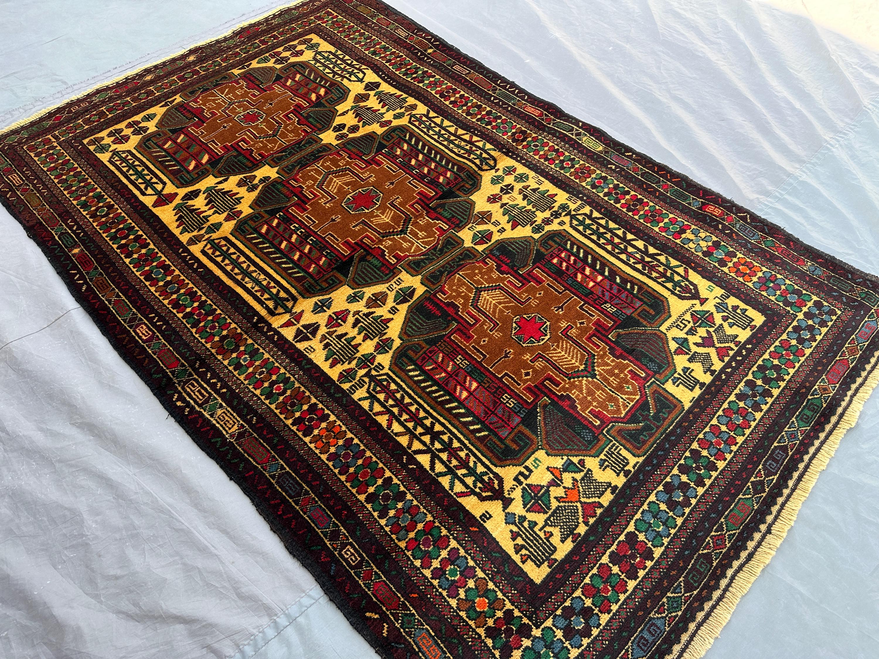 3'9 x 6 ft vintage afghan Rug, hand knotted balochi rug, yellow brown tribal design soft wool Rug, unique oriental area rug, Kitchen rug