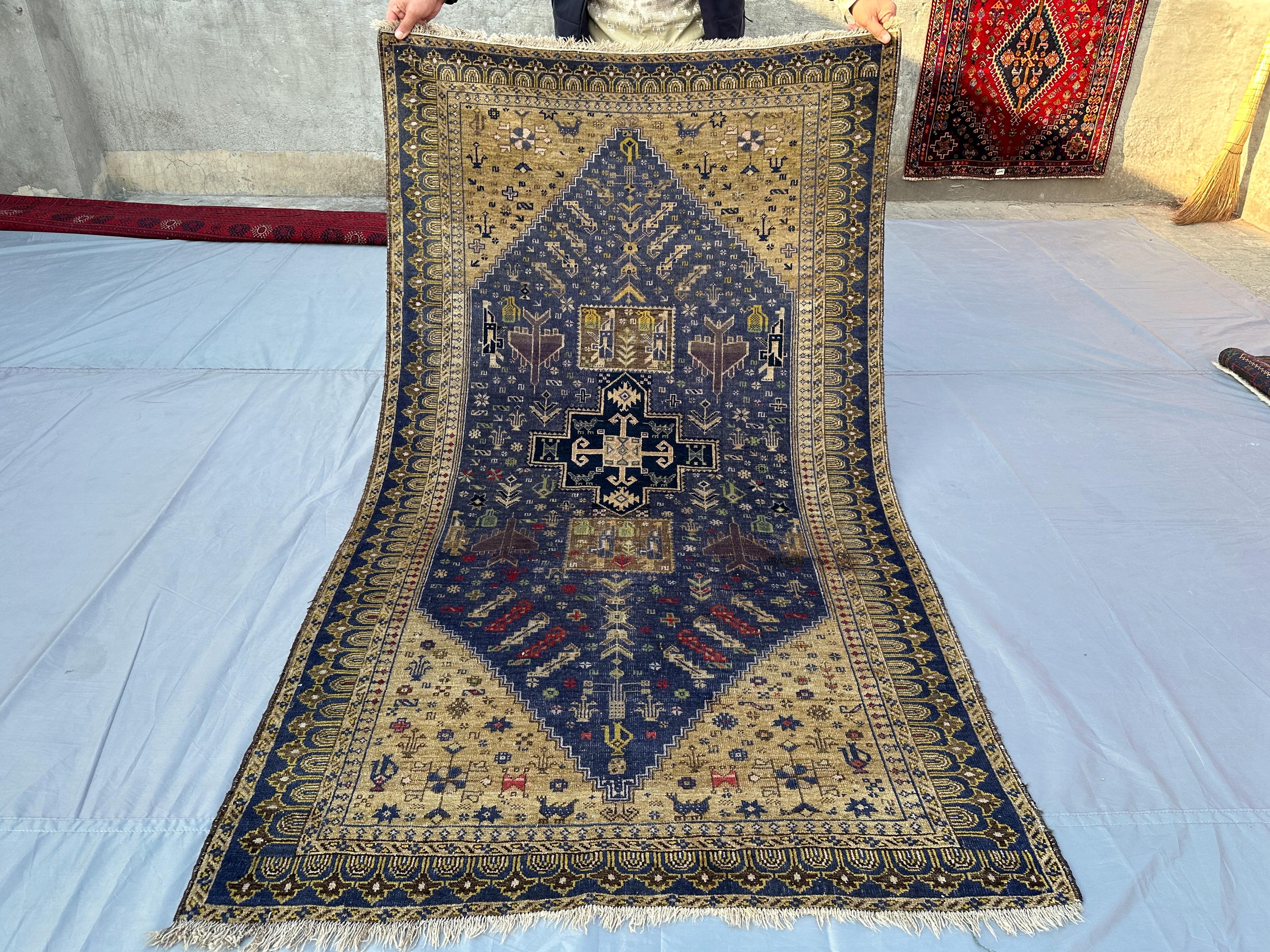 4x7 Vintage Afghan Baluch Tribal Rug, Nomadic Art Rug High-Quality Wool Handmade Geometric Design Rug, Turkish Rug, Moroccan Rug Kitchen Rug