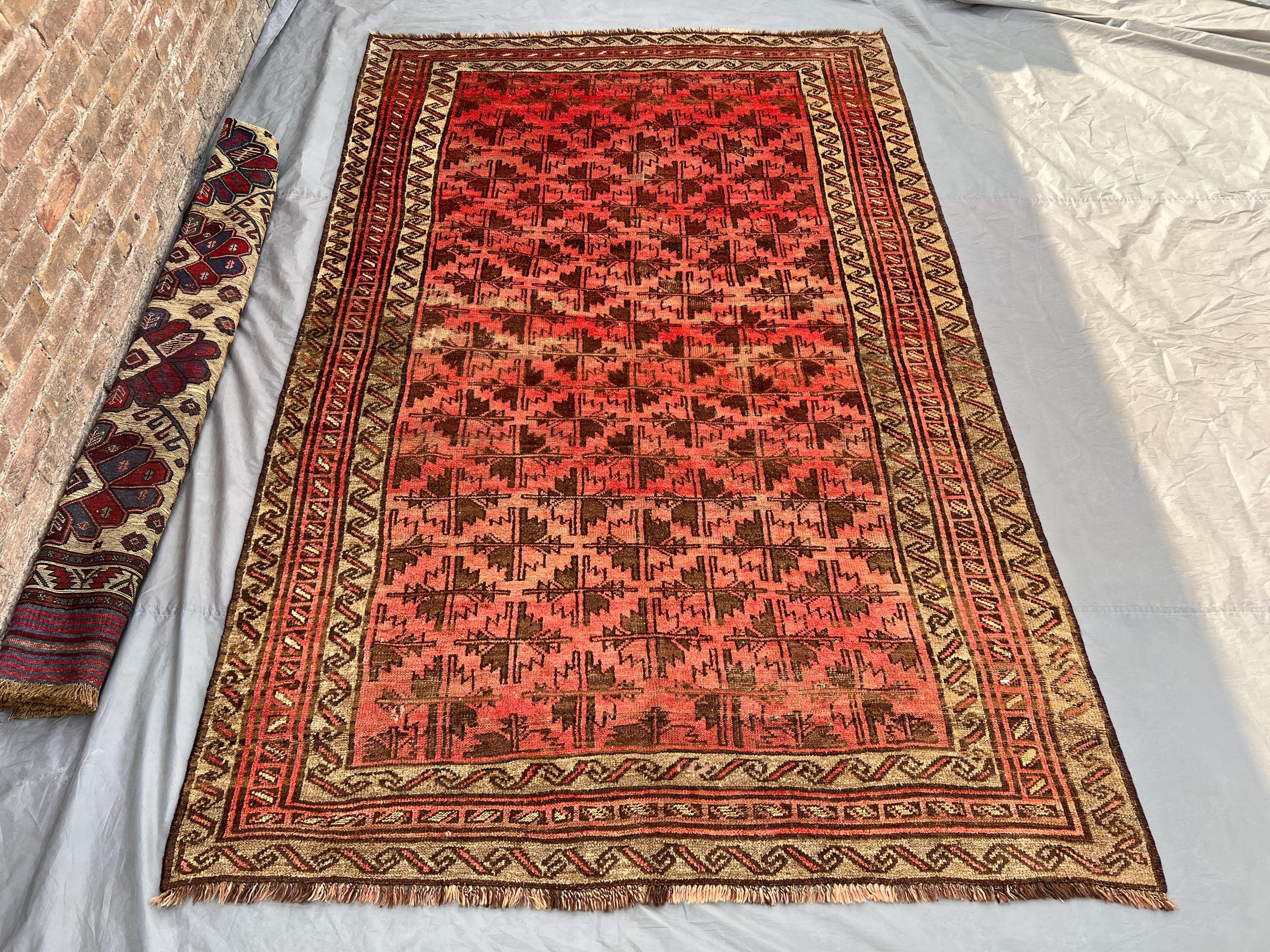 Antique Baluch Rug 6'2x9'7 ft | Hand Knotted Afghan Wool Carpet | Faded Tribal Geometric Rug | Rustic Boho Nomadic Floor Decor, Bedroom Rug
