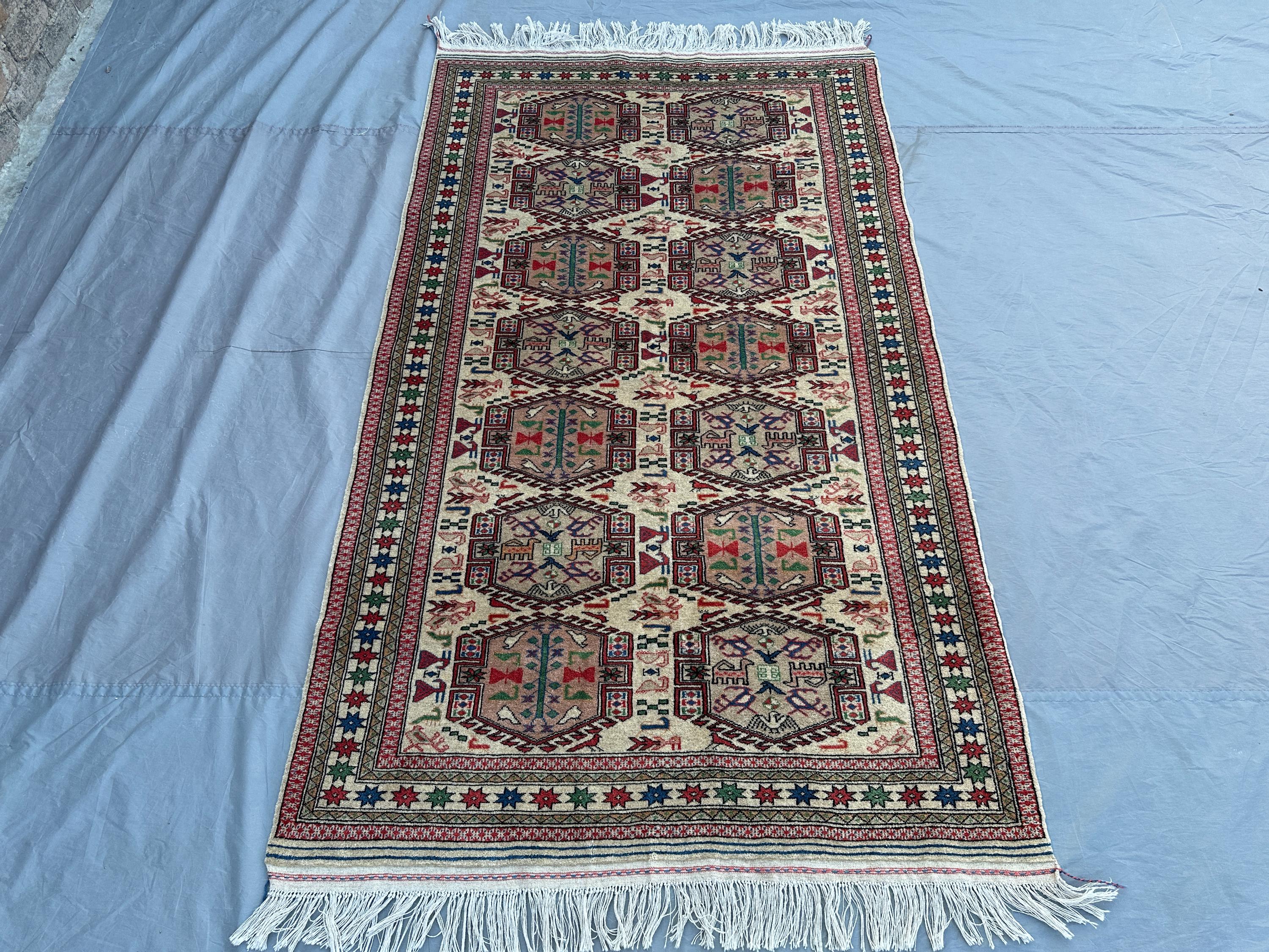 4' x 7' Turkish Hand-Knotted Area Rug, Vintage Tribal Design, Soft Wool Carpet, Elegant Colors Rug, Perfect for Living Room or Hallway Decor