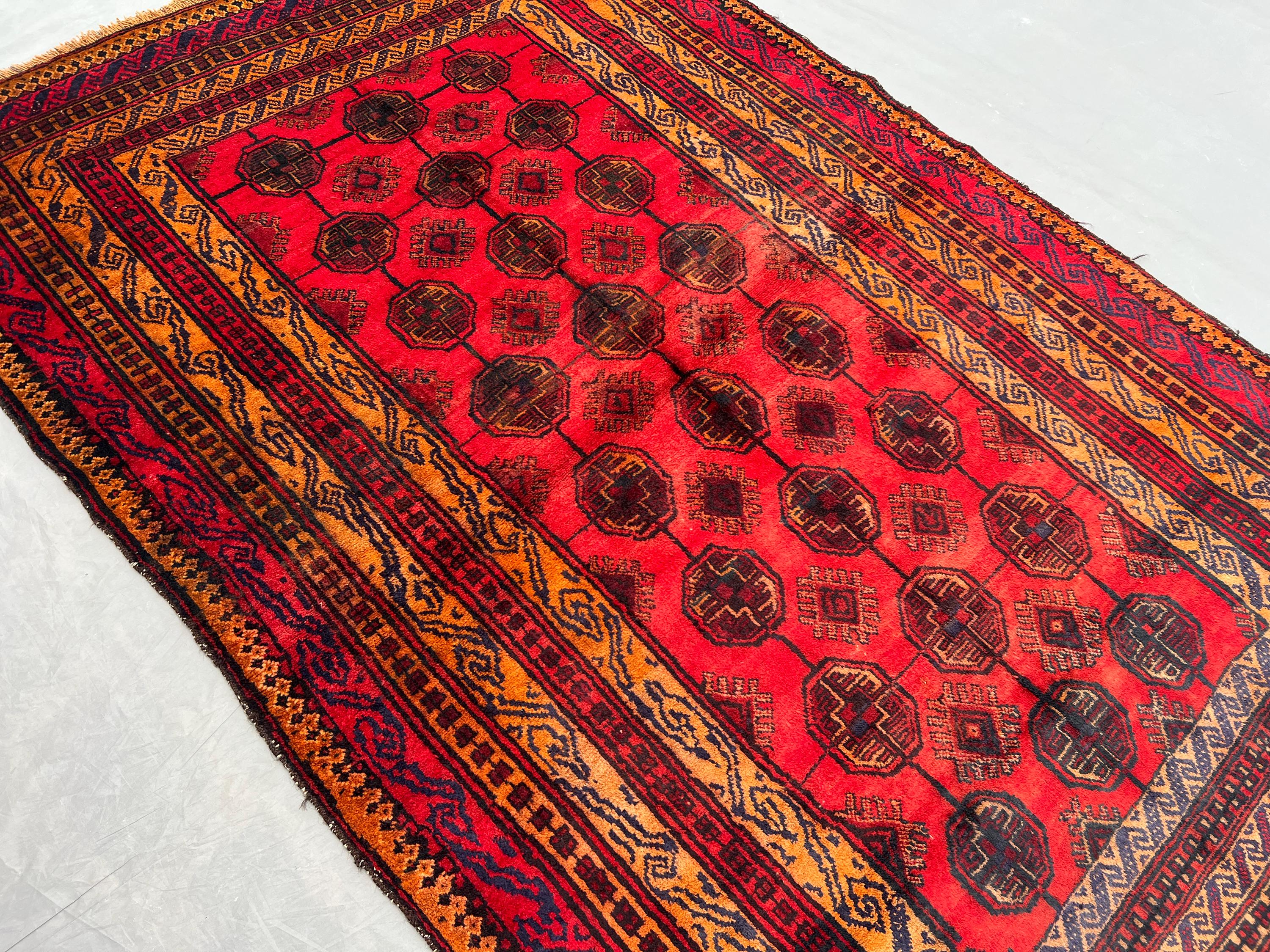 5x7 Antique Turkmen Bukhara Rug, Red Baluchi Hand Knotted Wool Carpet, Soft Pile Tribal Oriental Rug Vintage R