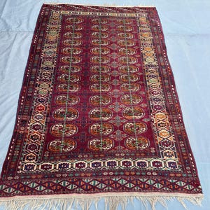 4.9x7.5 ft Antique Turkmen Bukhara Rug, Tribal Afghan Hand-Knotted Wool Carpet, Geometric Boho Area Rug, Vintage Moroccan Style Decor Rug