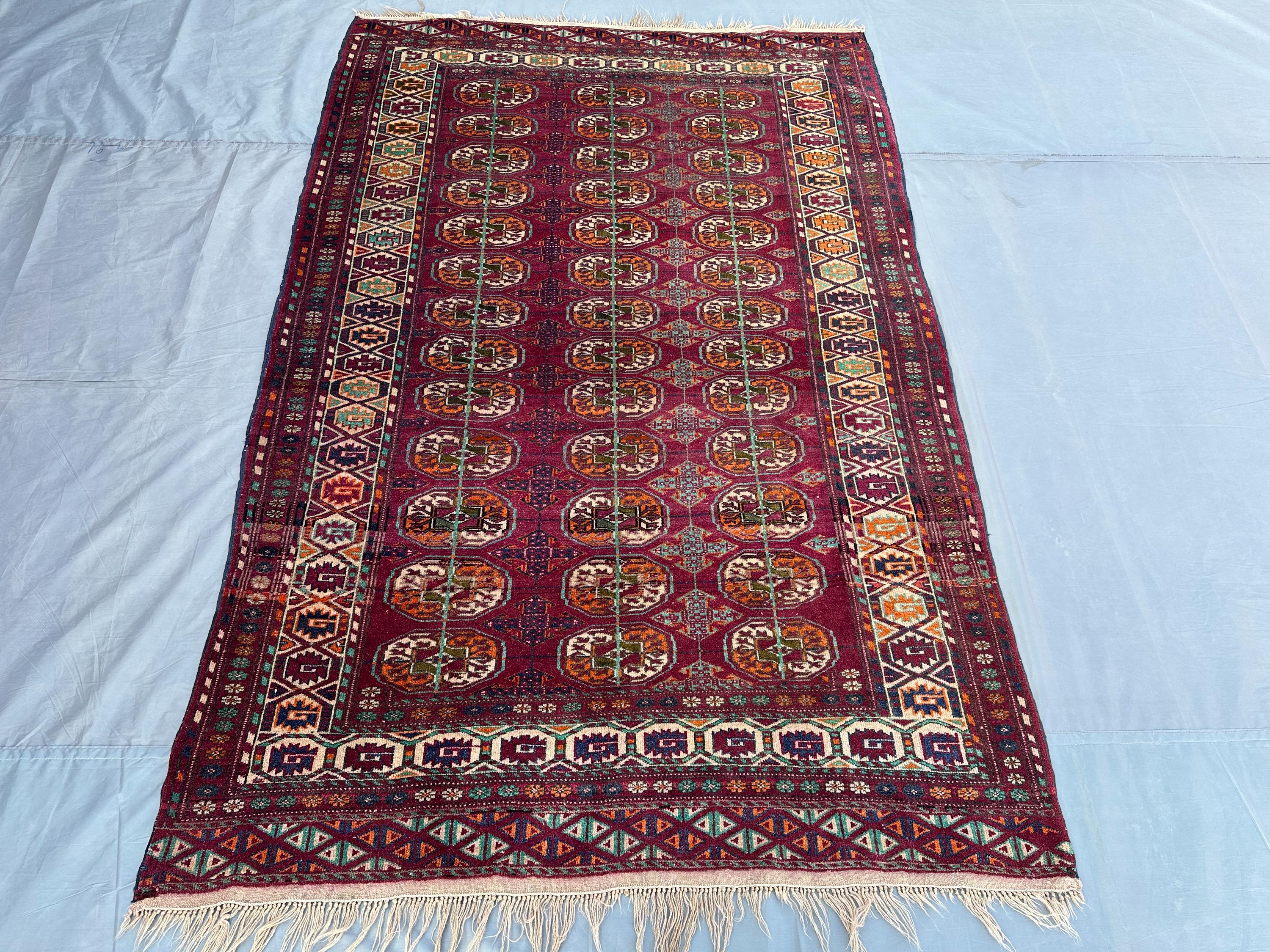 4.9x7.5 ft Antique Turkmen Bukhara Rug, Tribal Afghan Hand-Knotted Wool Carpet, Geometric Boho Area Rug, Vintage Moroccan Style Decor Rug