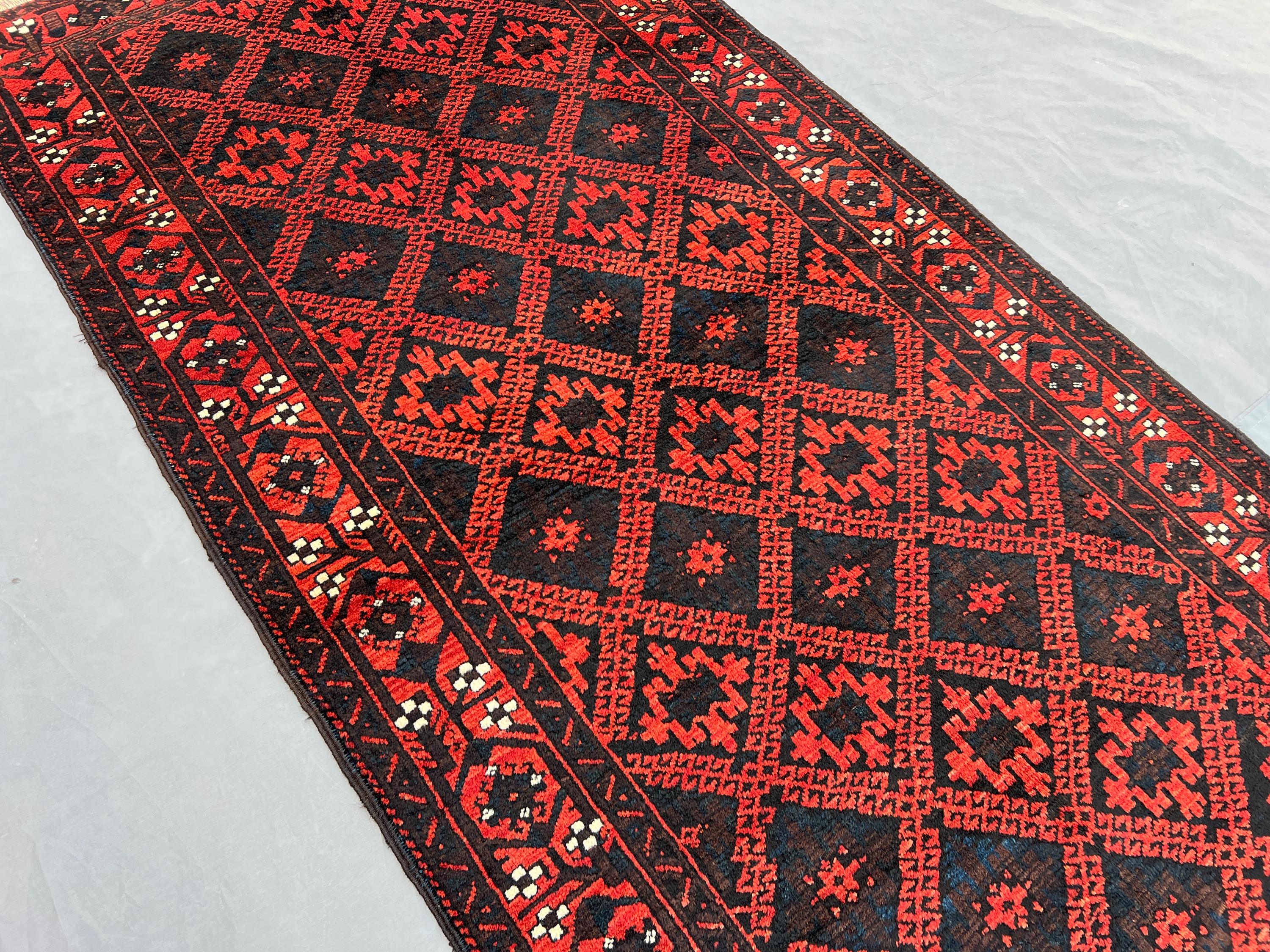 3.5x6.8 Antique Afghan Hand Knotted Rug, Baluchi Rug Red Black Geometric Rug, Diamond Pattern Tribal Wool Carp