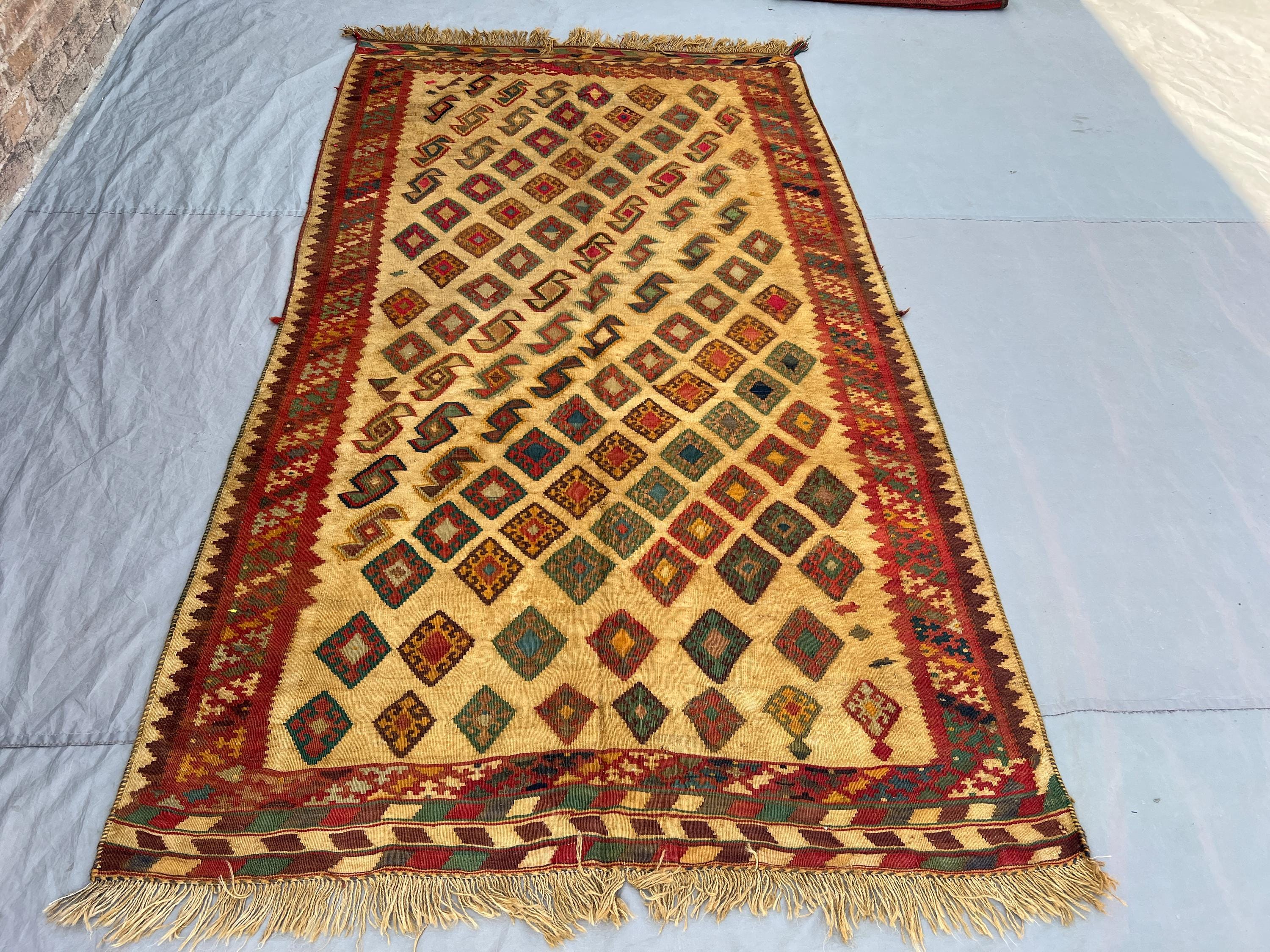 4'11x9'7 Ft Vintage Afghan Tribal Kilim Handwoven Wool Flatweave Diamond Geometric Gold Multicolor Area Rug | Boho Living Room Hallway Decor