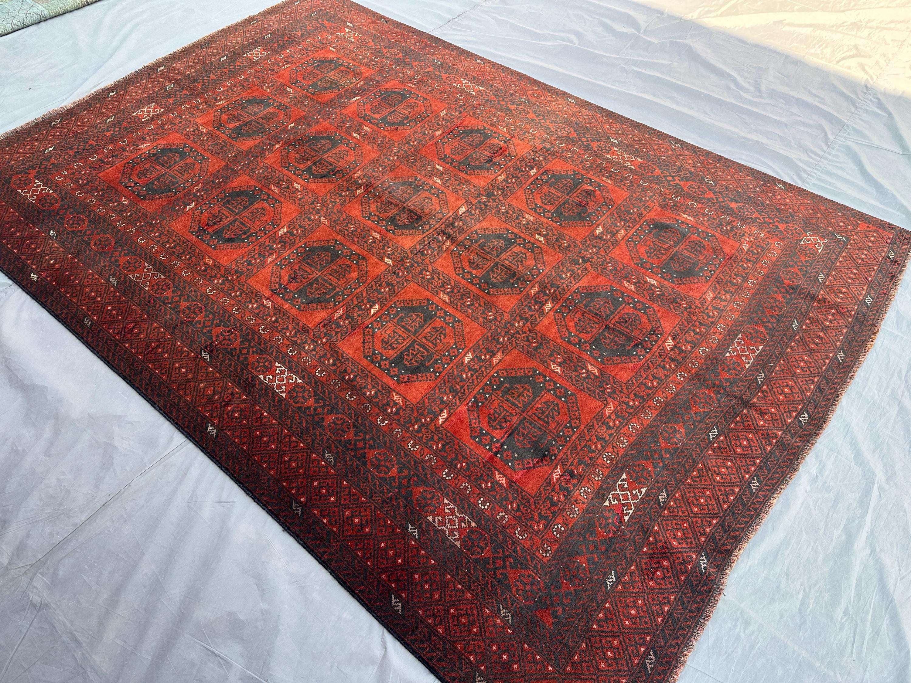 6x8 Turkmen Bukhara Rug, Afghan Hand Knotted Wool Area Rug, Geometric Elephant Foot, Red Black Tribal Carpet,