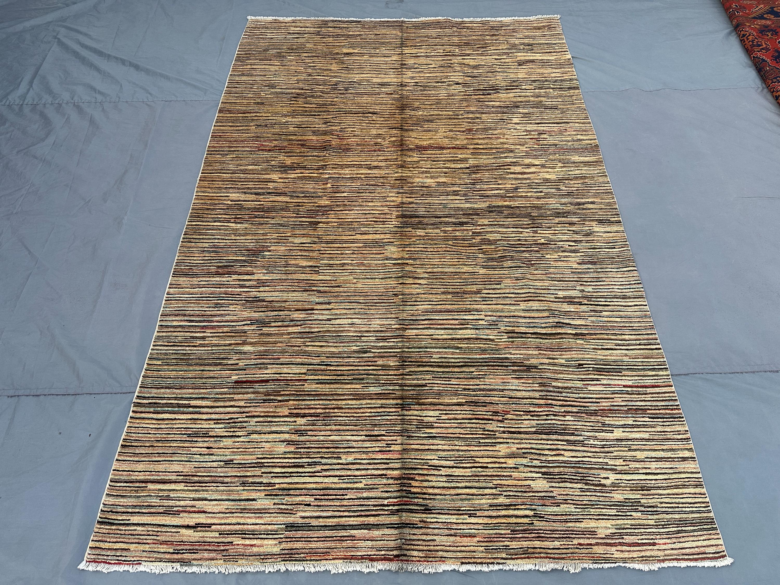 6x9 Afghan Hand Knotted Gabbah Rug, Berber Modern Wool Area Rug Striped Minimalist Design Beige Brown Multicolor Carpet Living Room Rug