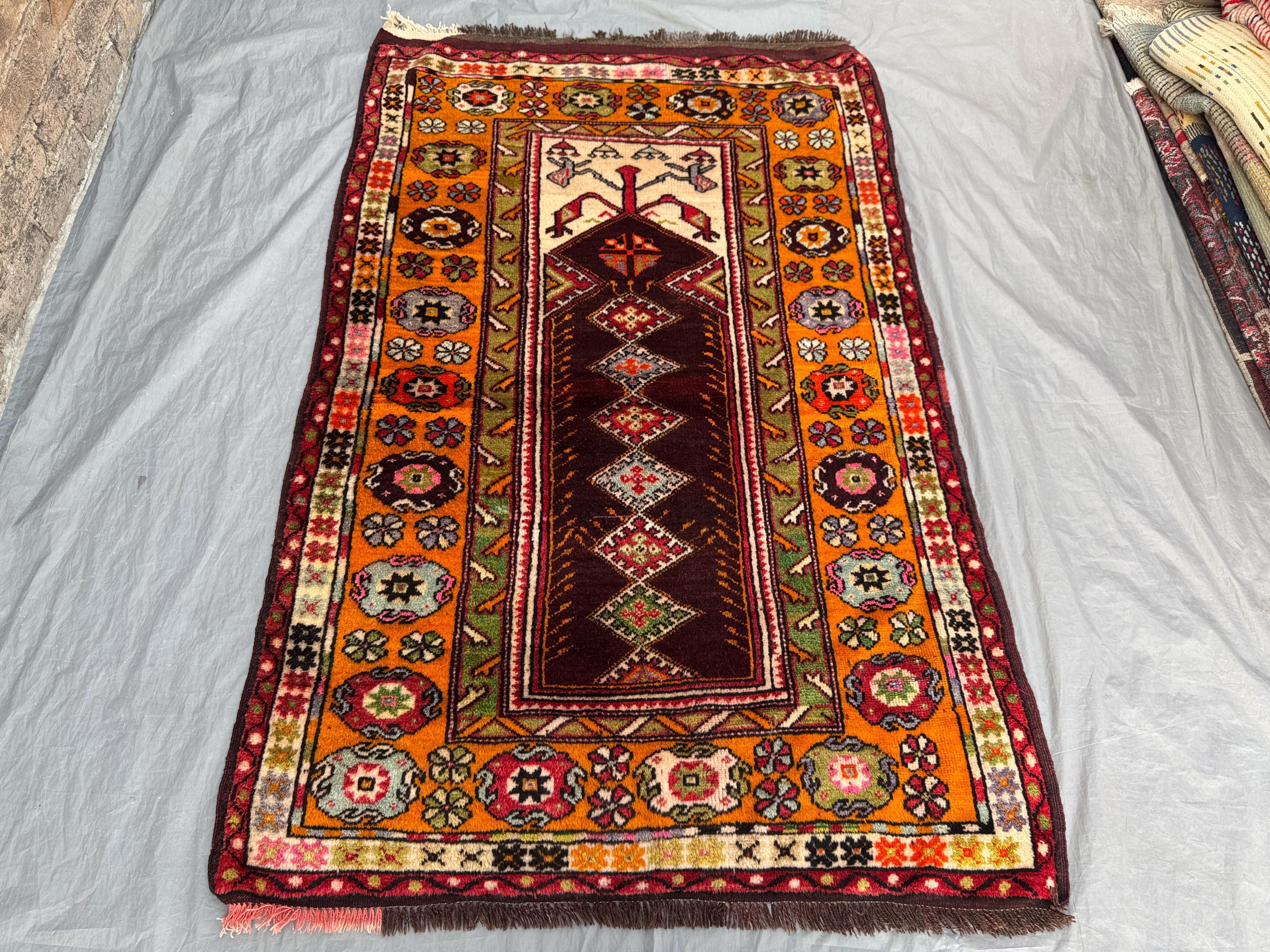 Terracotta 3'10 x 5'6 Ft Antique Turkish Hand Knotted Prayer Rug Tribal Floral Oriental Area Rug Red Orange Green Blue