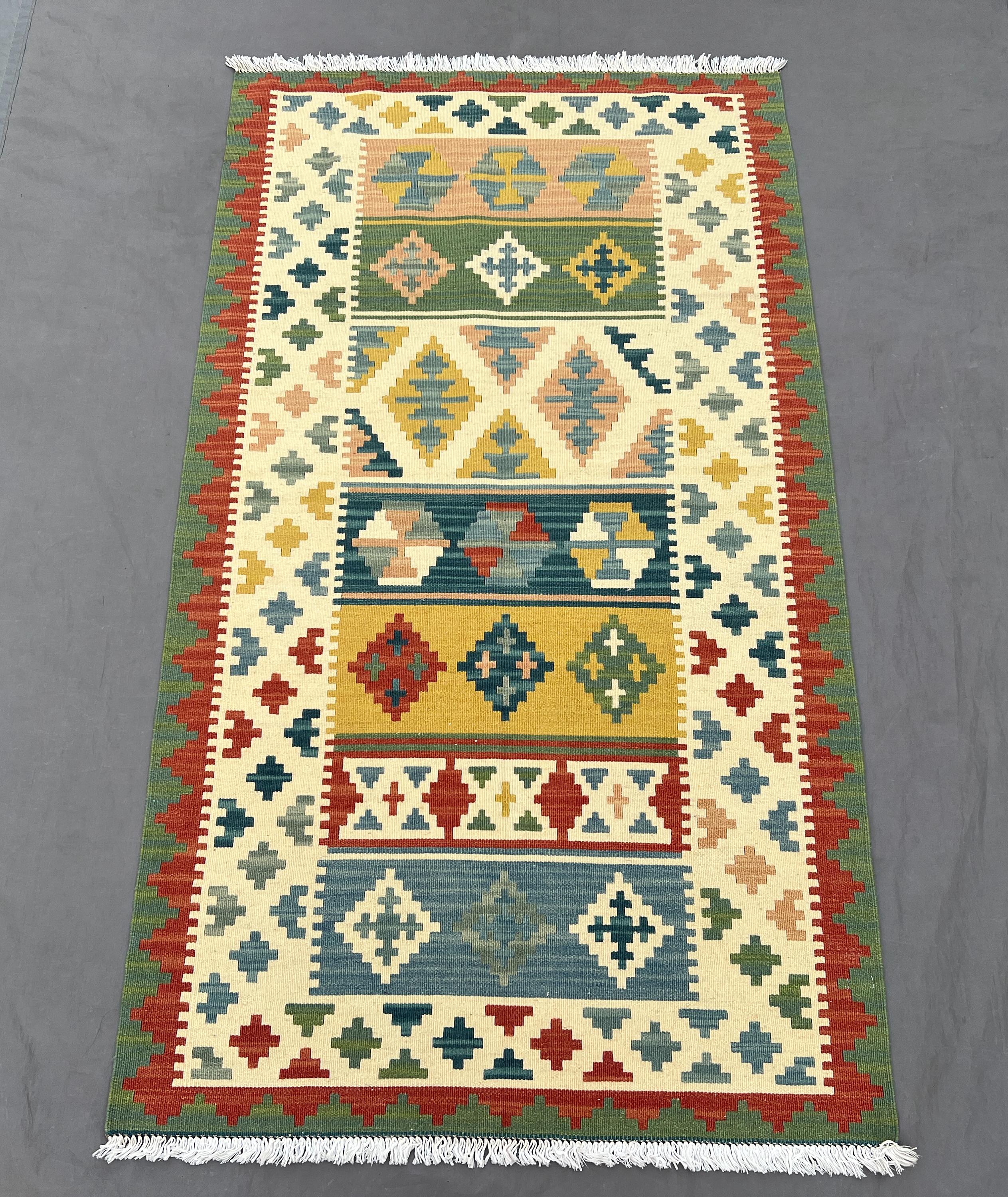 Afghan 3 x 5 ft handwoven modern kilim vibrant multicolor geometric small area rug one-of-a-kind handmade maimana design