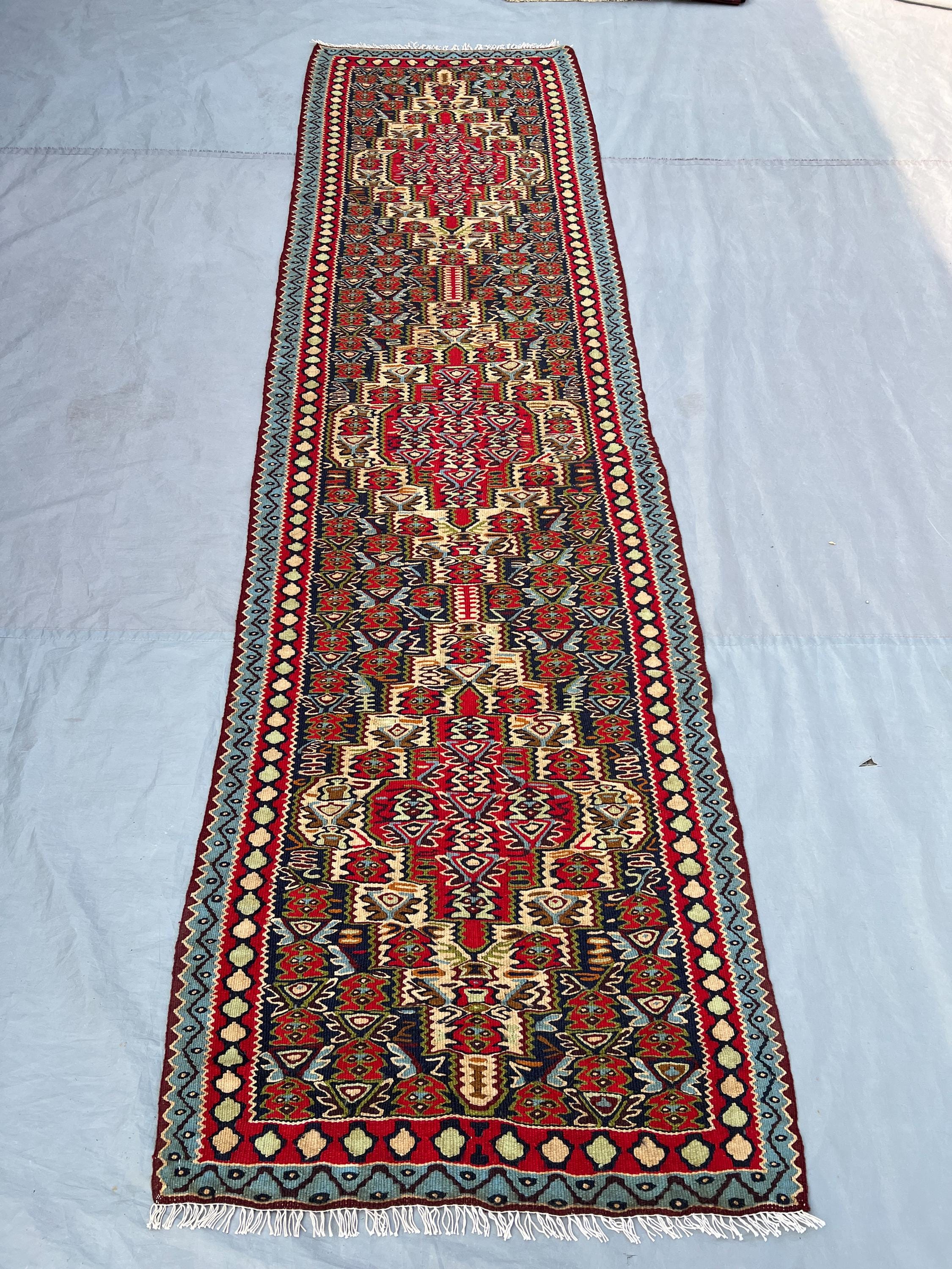 2'6x9'2 Vintage Afghan Flat Woven Wool Kilim Runner Red Navy Ivory Dense Floral Boteh Central Medallion Spine Boho Hallway Staircase Carpet