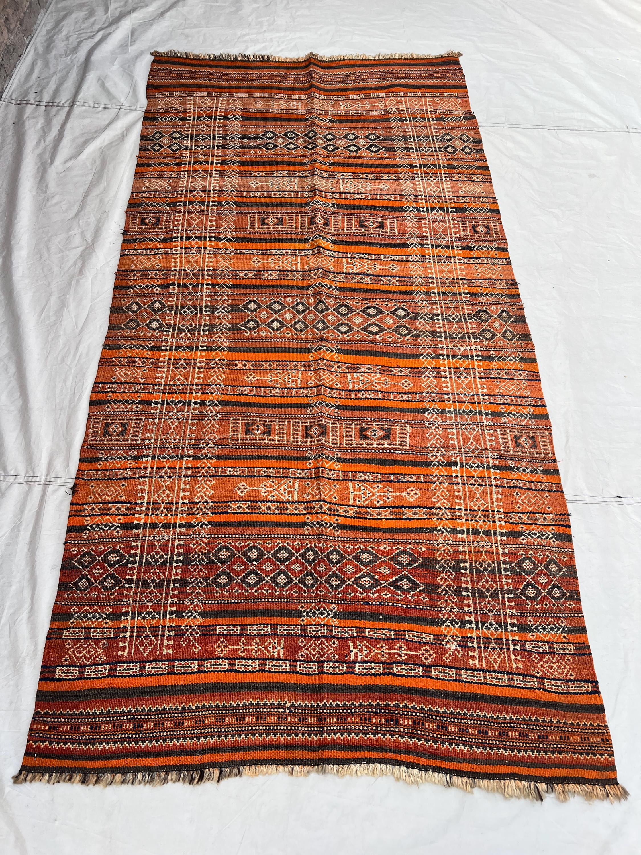 4x8 Vintage Afghan Flat Woven Soumak Wool Kilim Bold Orange Rust Brown Stripe Geometric Diamond Tribal Boho Living Room Bedroom Carpet