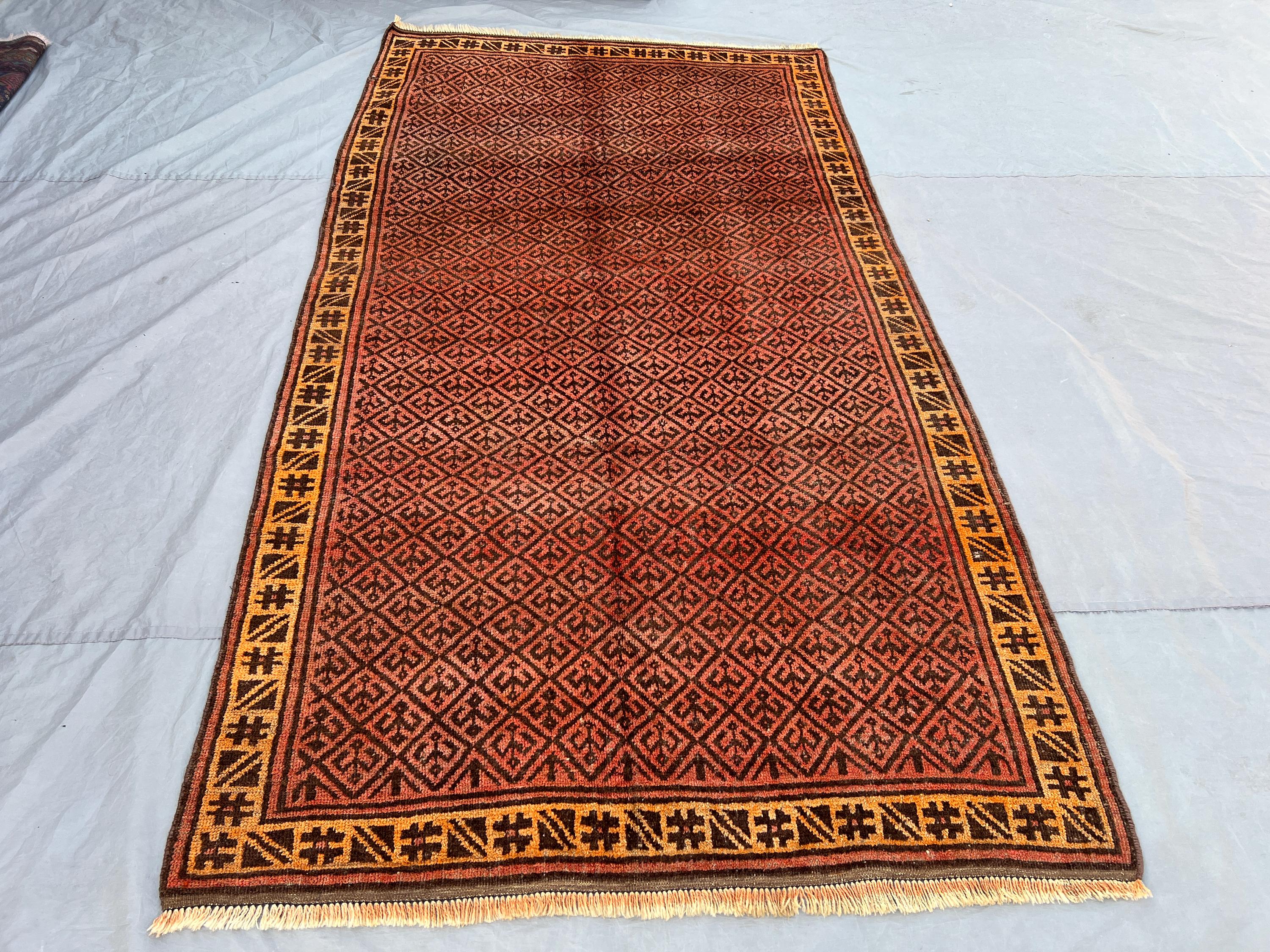 4'10x9 Vintage Afghan Tribal Rug | Hand Knotted Wool Area Rug | Burnt Orange Gold All Over Diamond Lattice Rug | Bohemian Living Room Rug