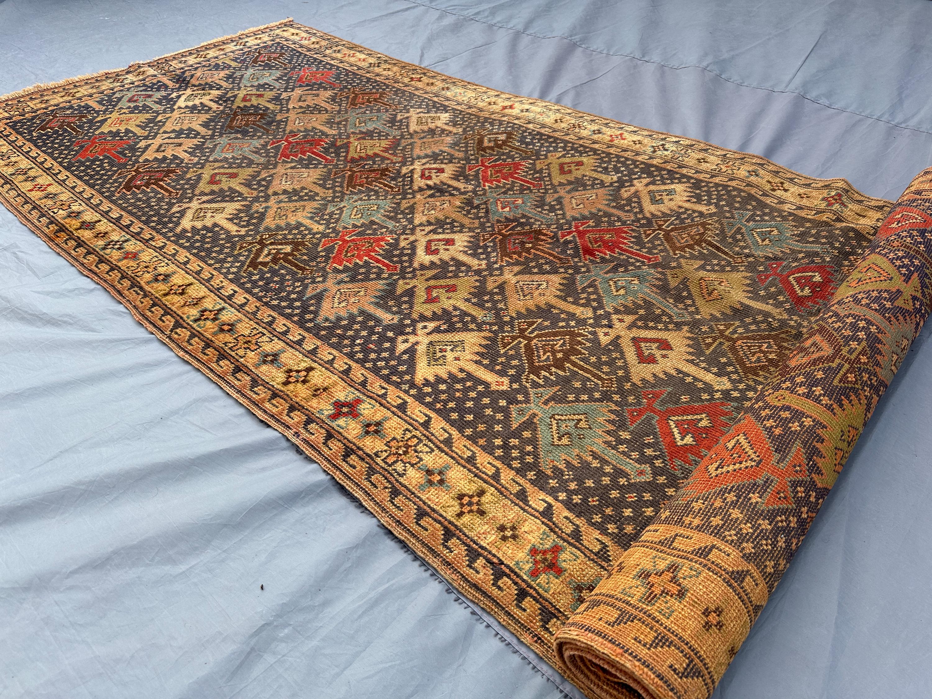 4x13 Antique 1900s Hand Knotted Turkish Runner, No Pile Distressed Wool Rug, Vintage 13 ft Long Tribal Hallway Carpet, Caucasian runner rug