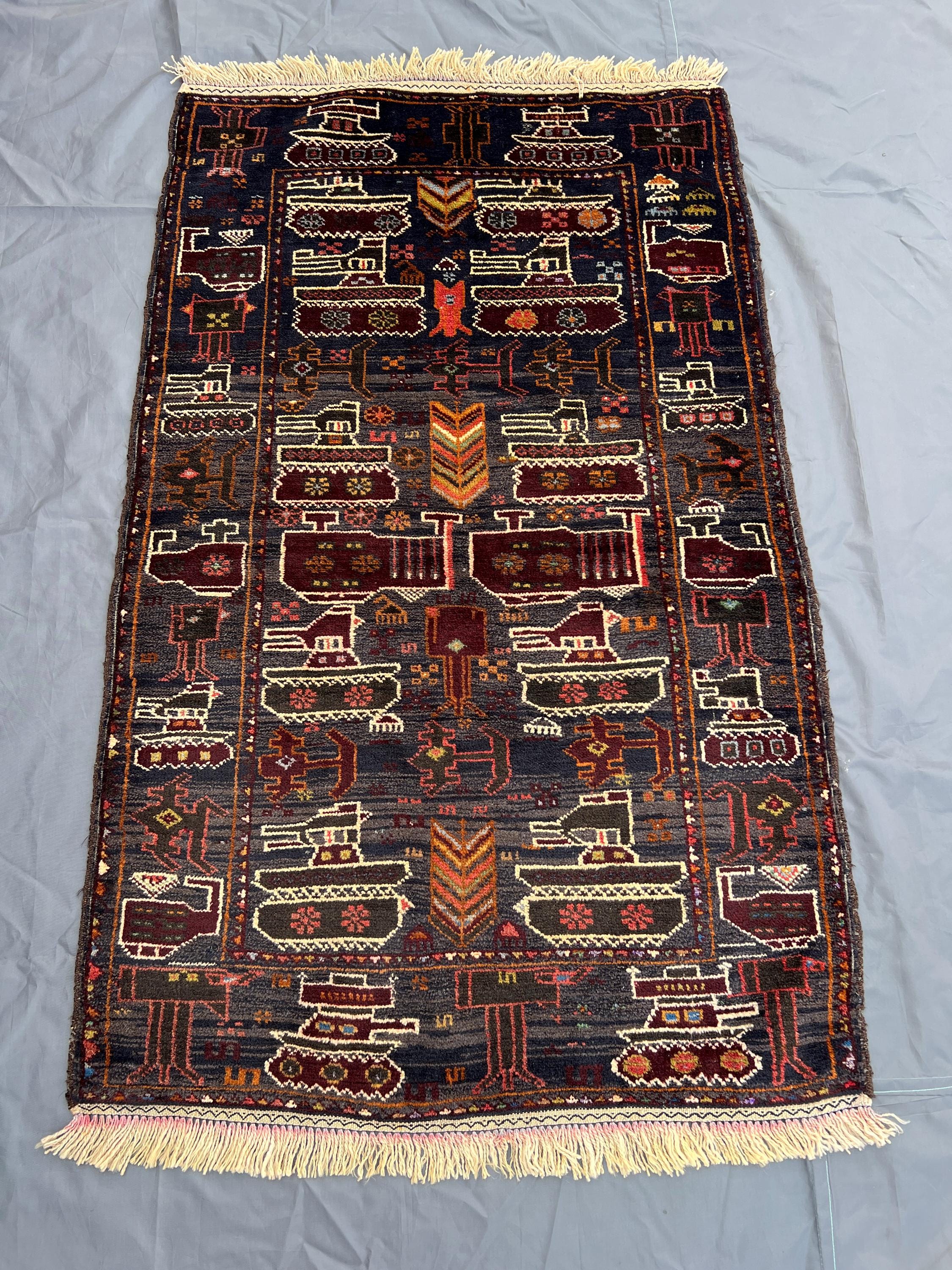 Antique Afghan War Rug 3x4'10 Ft | Hand Knotted Wool Tribal Rug | Dark Tonal Folk Art | Vintage Military Decor