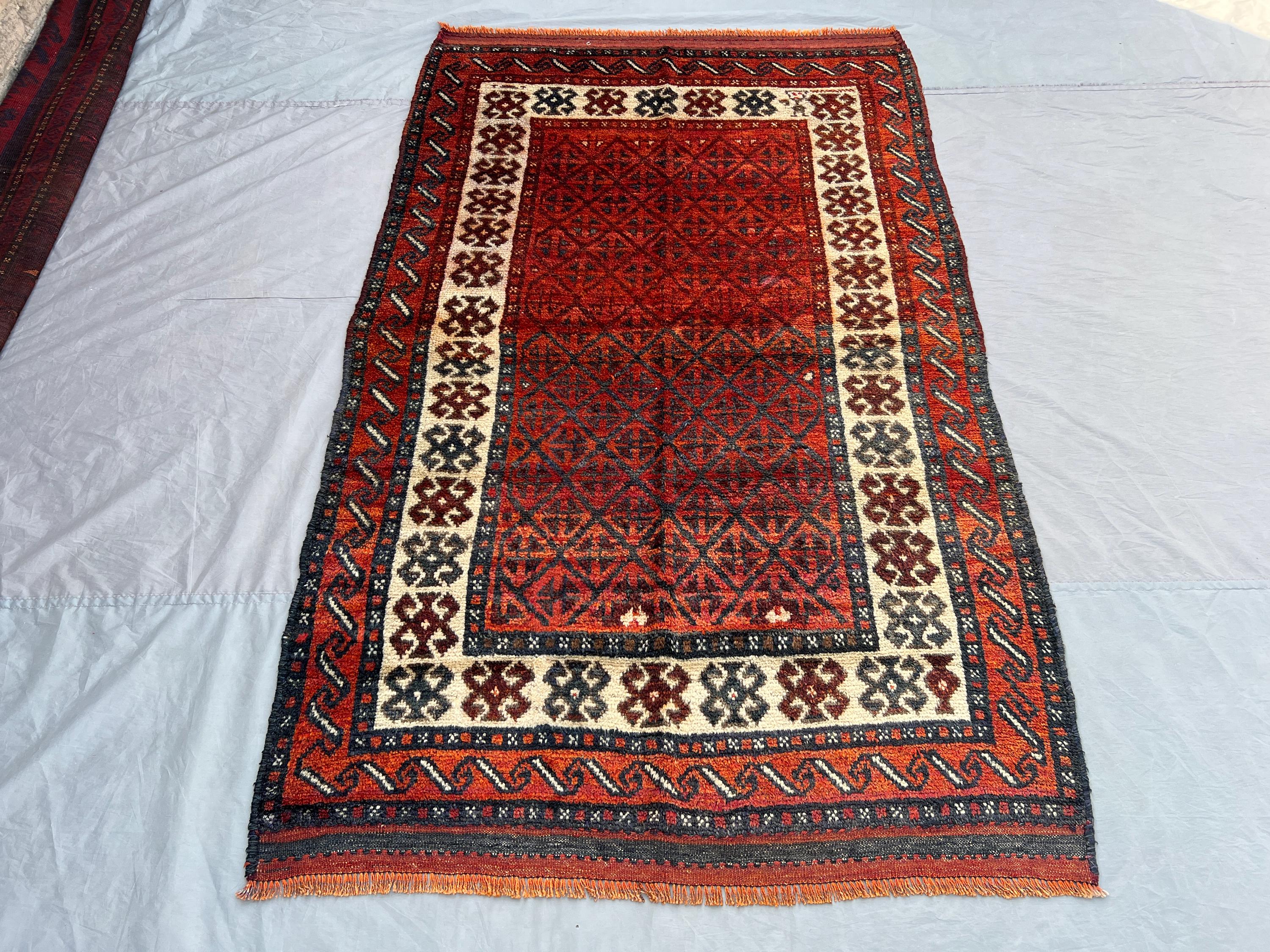Antique Afghan Baluchi Rug 4'5x7'3 ft | Hand Knotted Wool Carpet | Distressed No Pile GeometricRug | Bohemian Bedroom Decor Rug, Floor Rug