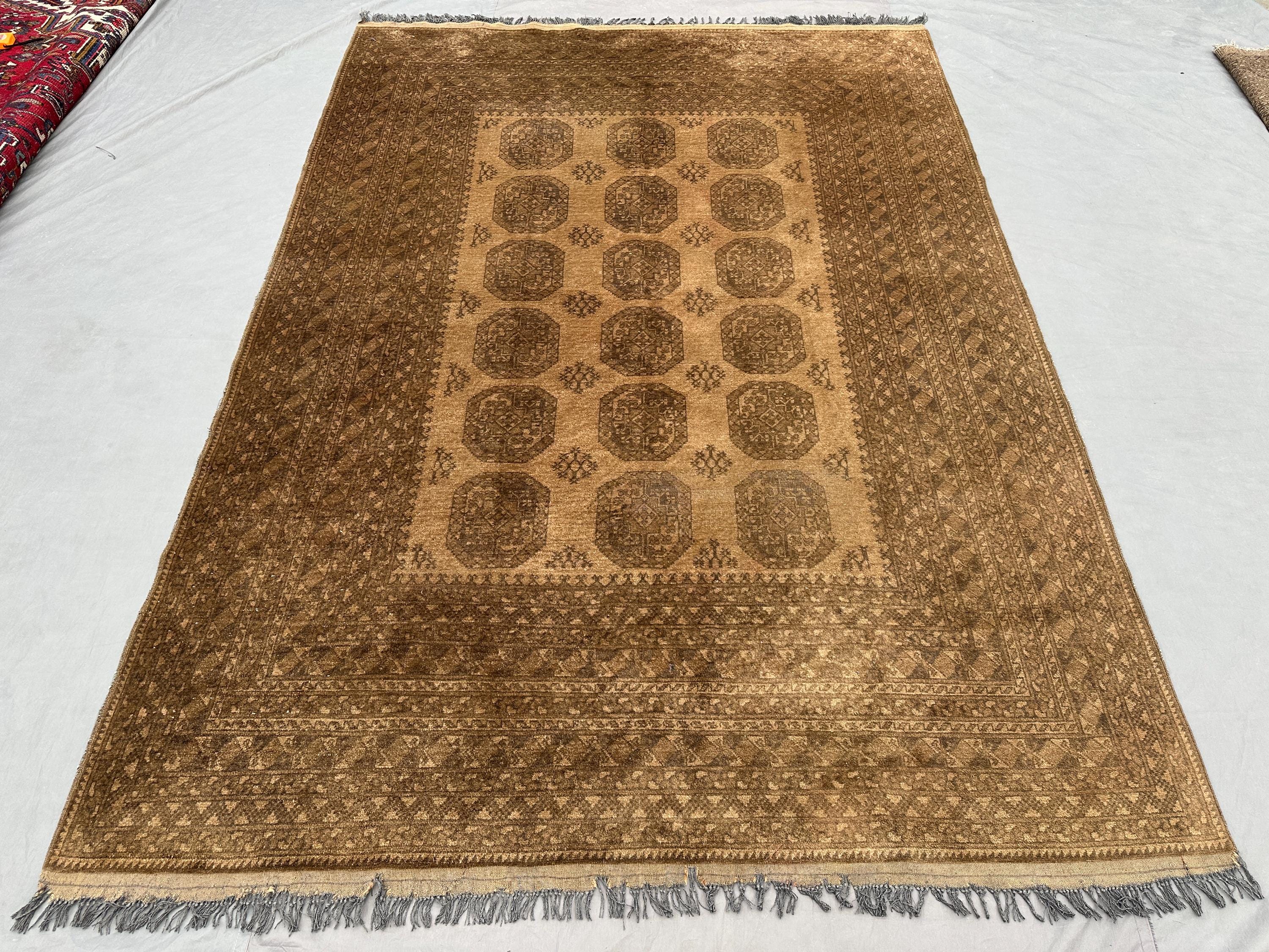 7x10 Elephant Foot Rug | Antique Turkmen Wool Carpet | Afghan Tribal Handmade Rug | Brown Beige Geometric Orie