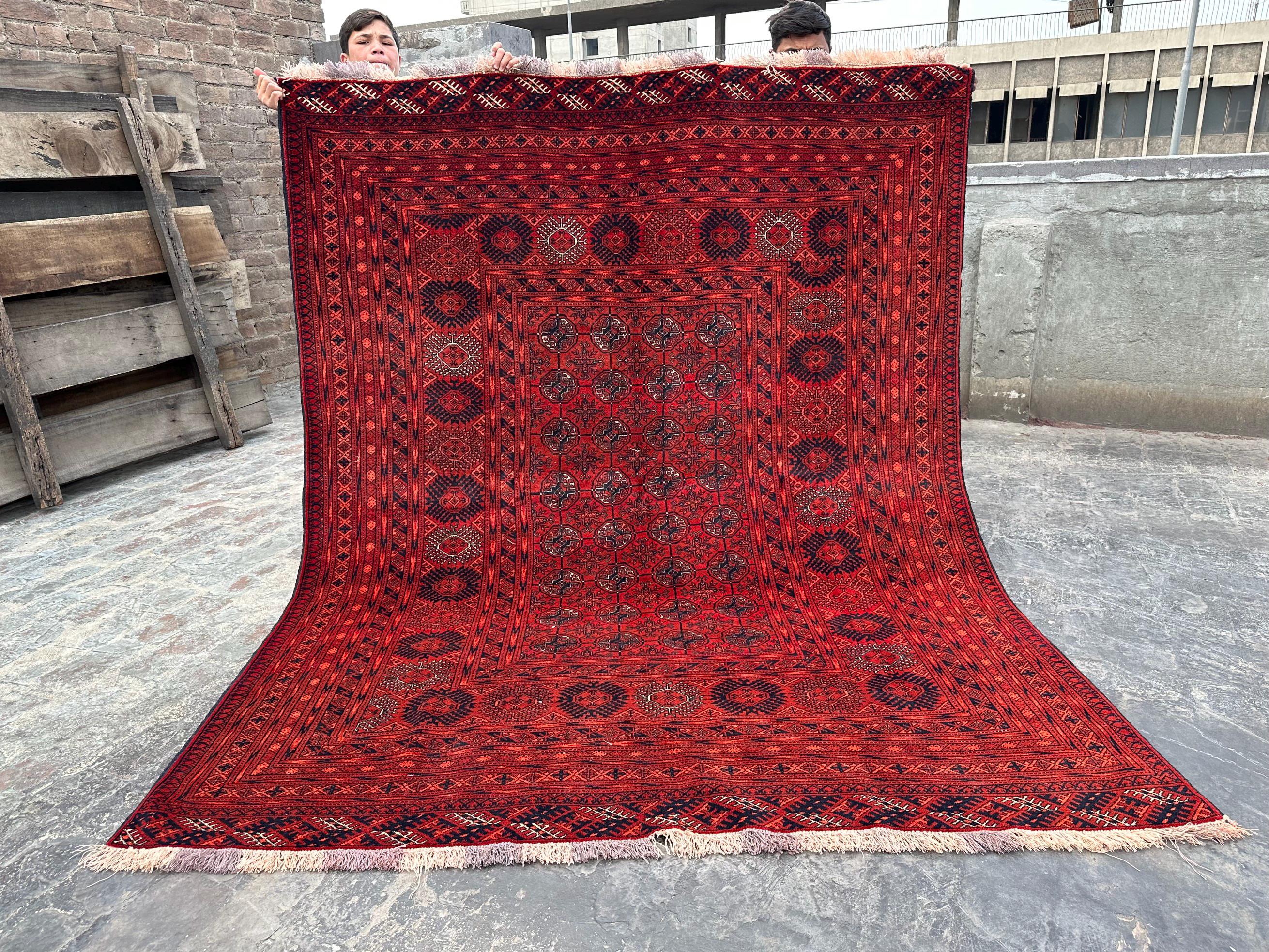 6.4x8.1 ft Antique Turkmen Bukhara Rug | Afghan Hand-Knotted Tribal Tekke Design | Geometric Wool Area Carpet,