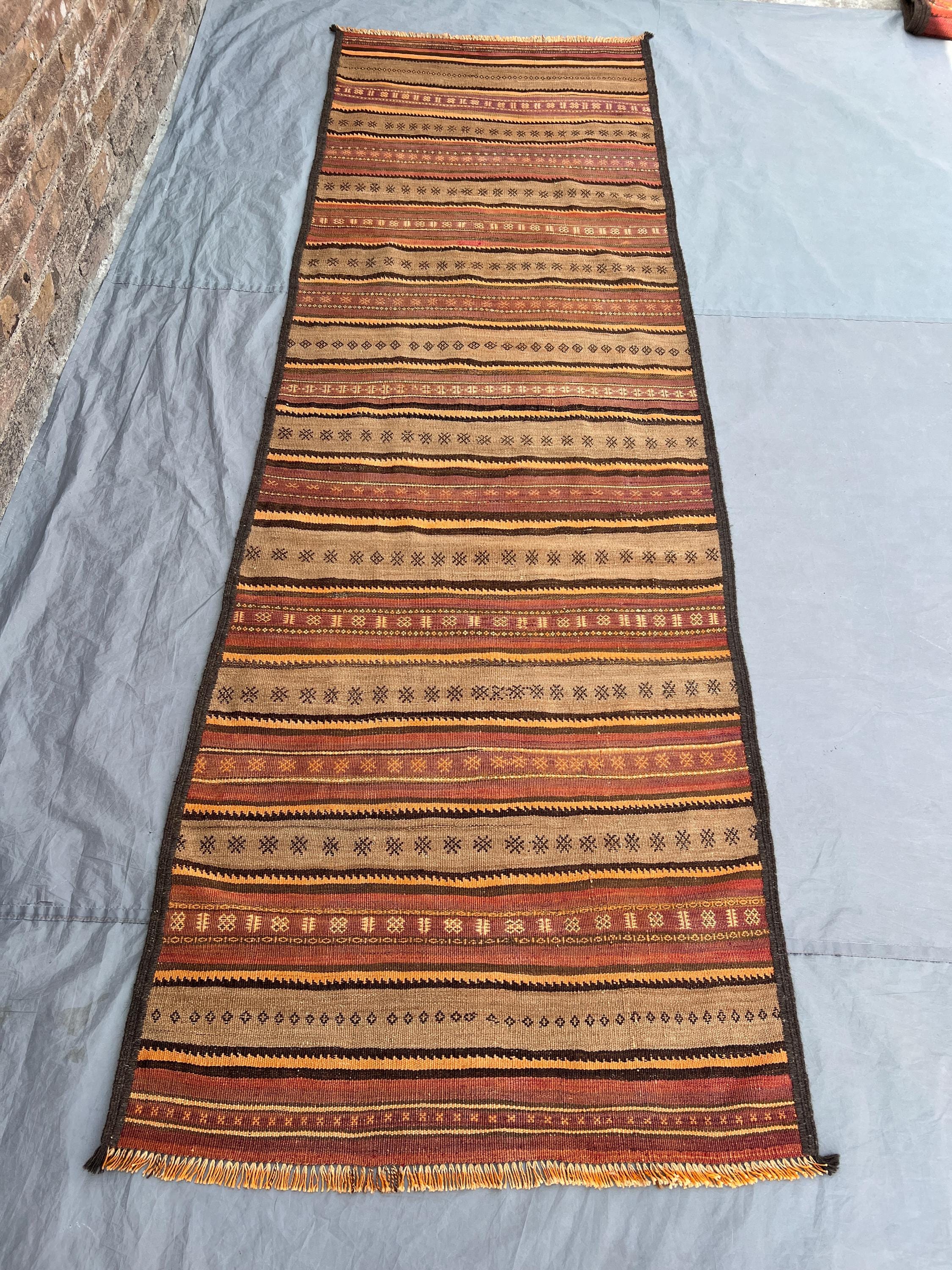 3'x9'7 Ft Vintage Afghan Handwoven Kilim Rug Flatweave – Warm Red, Orange & Black Stripes, Traditional Tribal