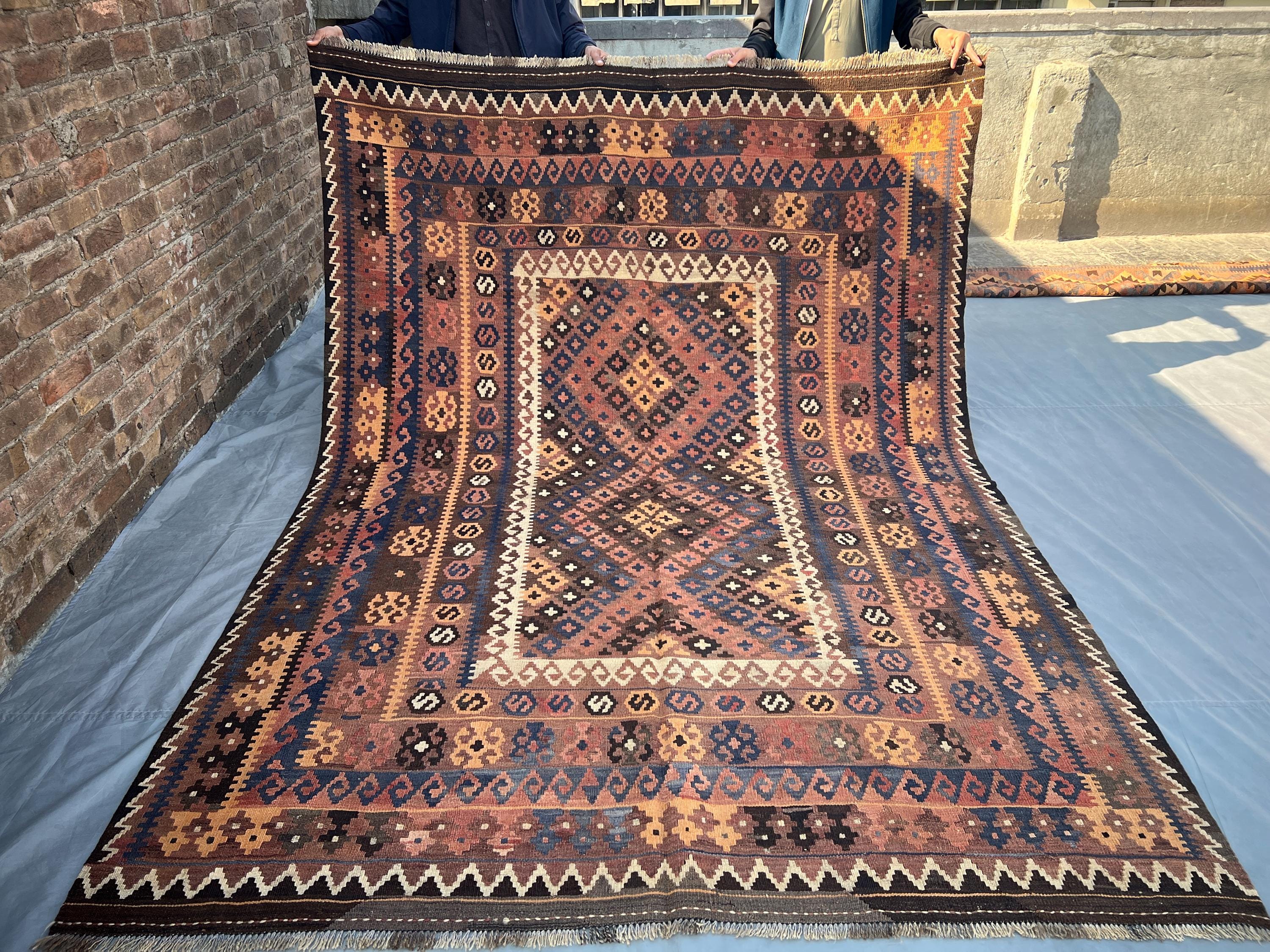 200x284 cm Vintage Afghan Ghelmori Kilim Rug | Turkmen Tribal Handmade Flat Weave | Faded Geometric Wool Rug |