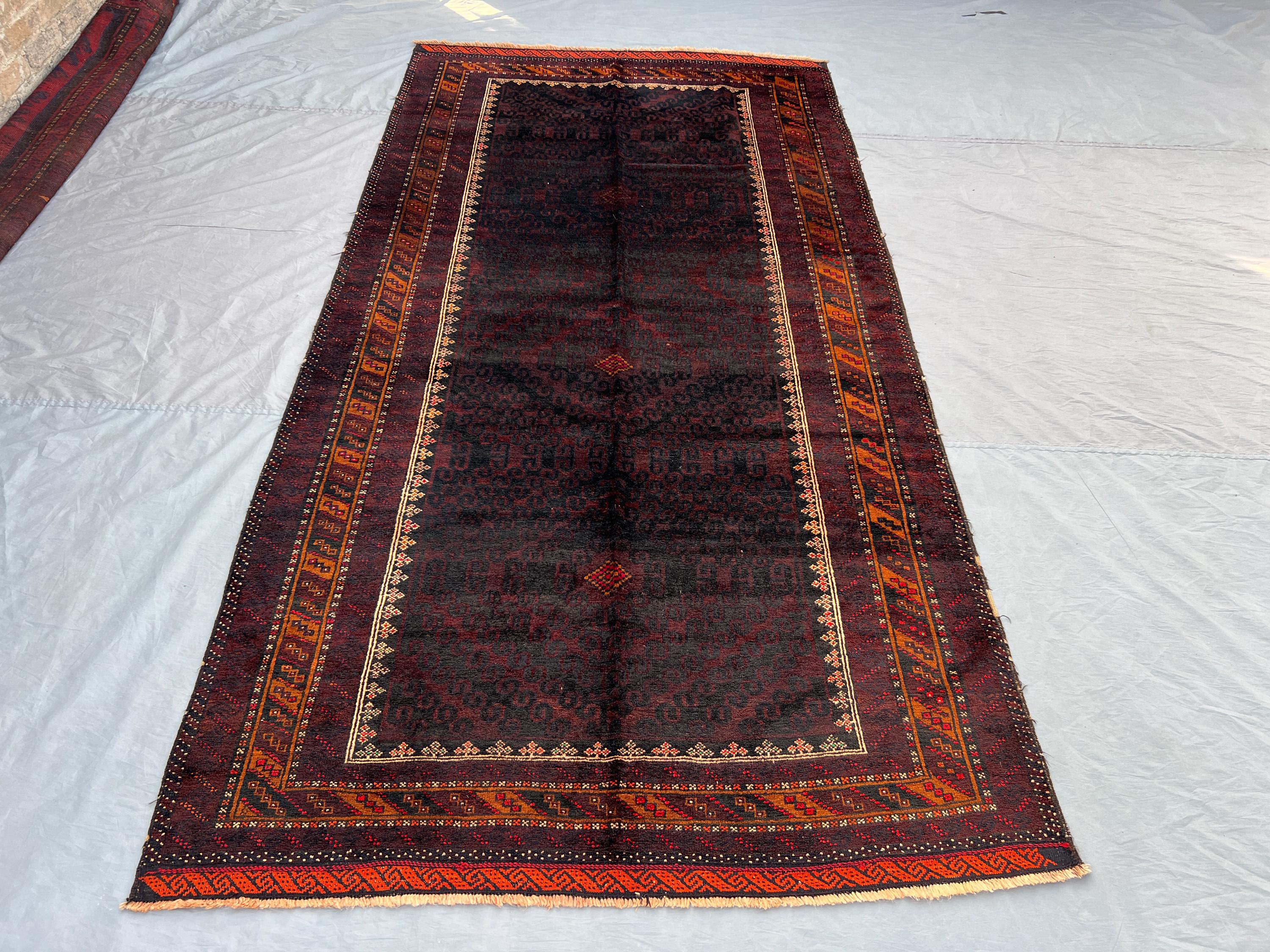 5x10 Afghan Baluch Rug | Vintage Handmade Tribal Runner | Wool Hallway Rug | Dark Red Black Oriental Carpet | 