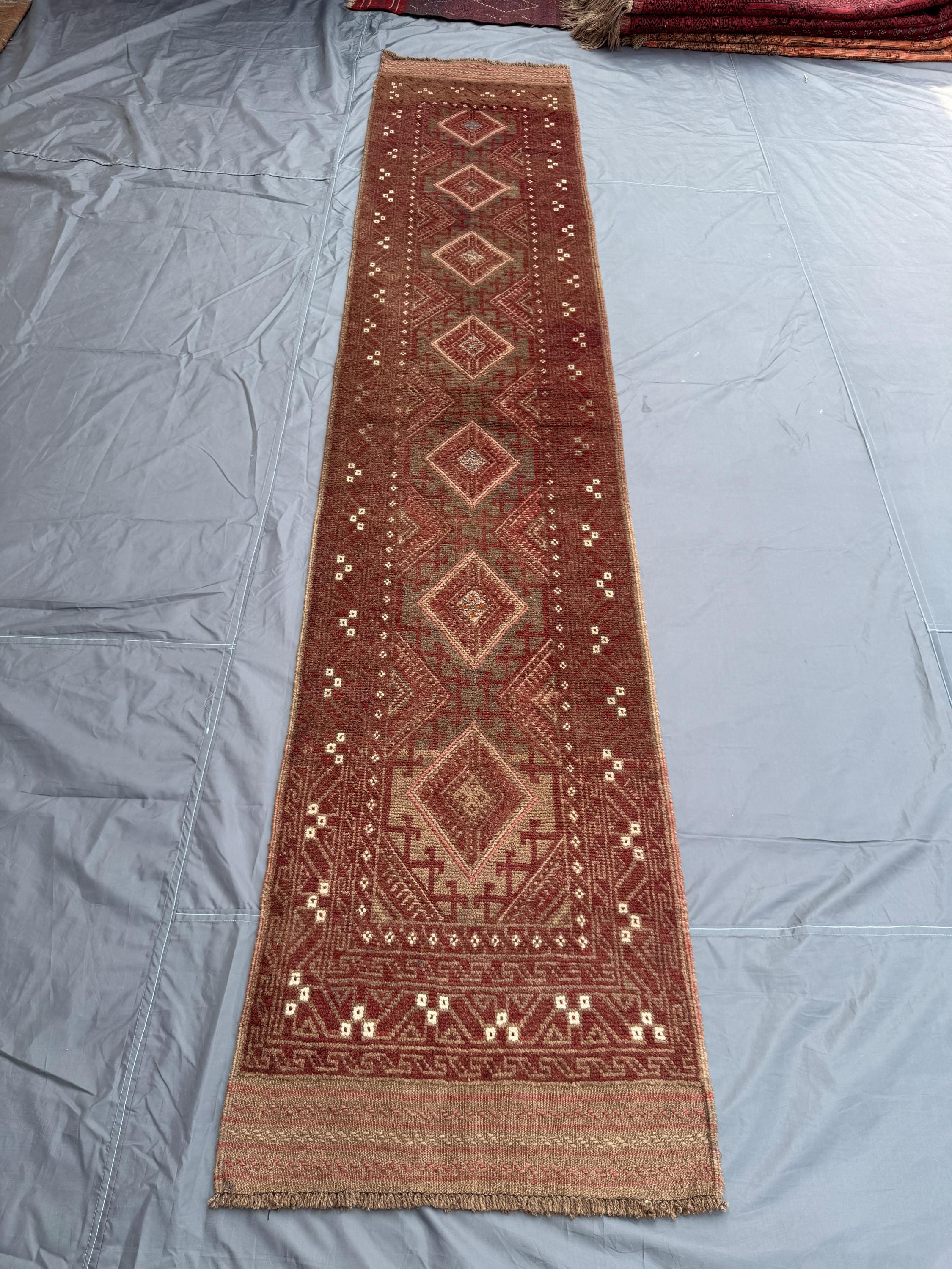Terracotta Vintage Afghan Mishwani Runner Rug 2.4 x 11.10 ft Handwoven Wool Geometric Design Soft Pile Area Rug, Entryway Rug