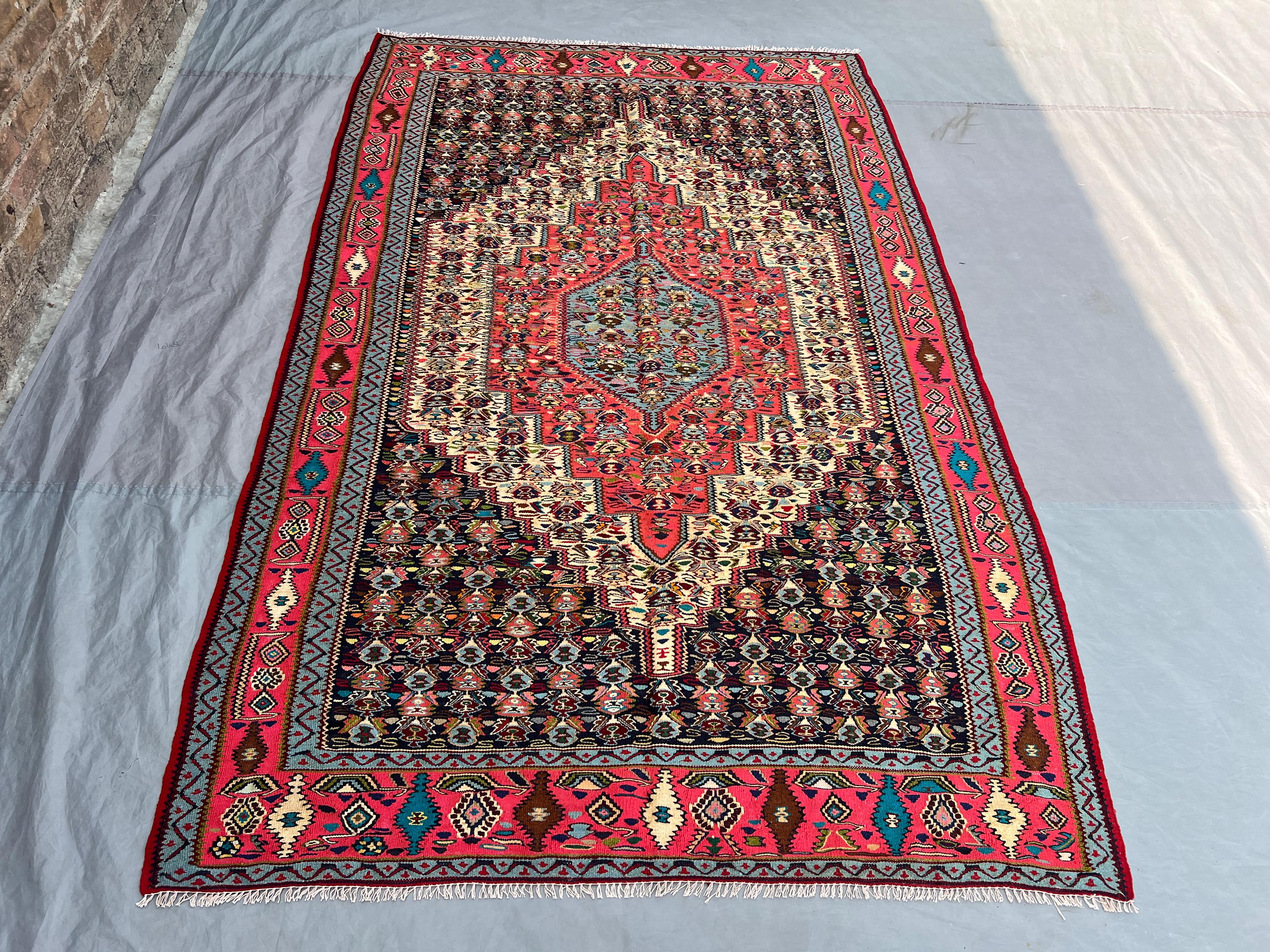 5x7'11 Vintage Afghan Tribal Kilim Handwoven Wool Flatweave Diamond Medallion Hot Pink Navy Multicolor Area Rug | Living Room Bedroom Decor