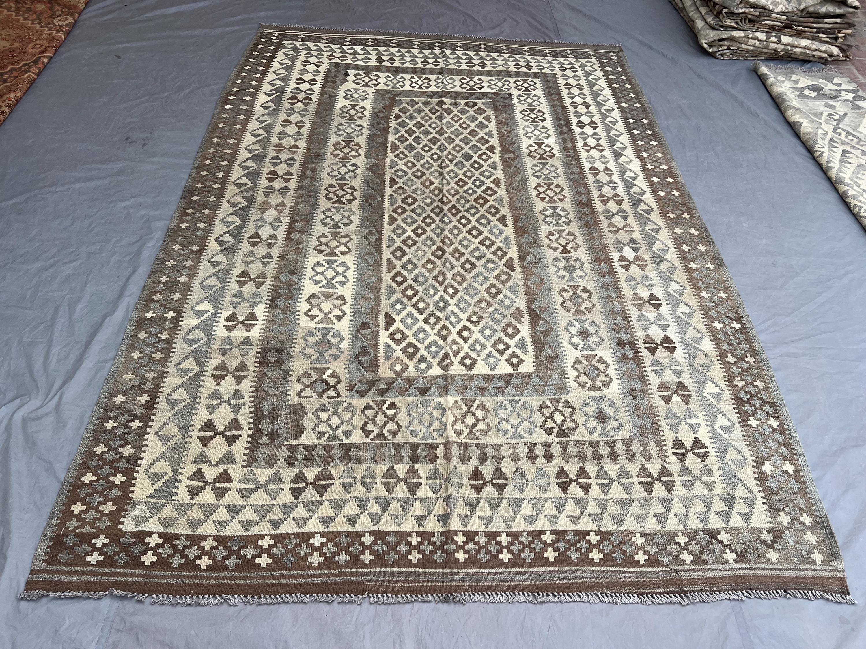 7 x 10 ft Afghan Hand-Woven Vintage Kilim Rug Rare One-of-a-Kind Maimana Design Faded Beige & Gray Colors | Oversize area decor rug