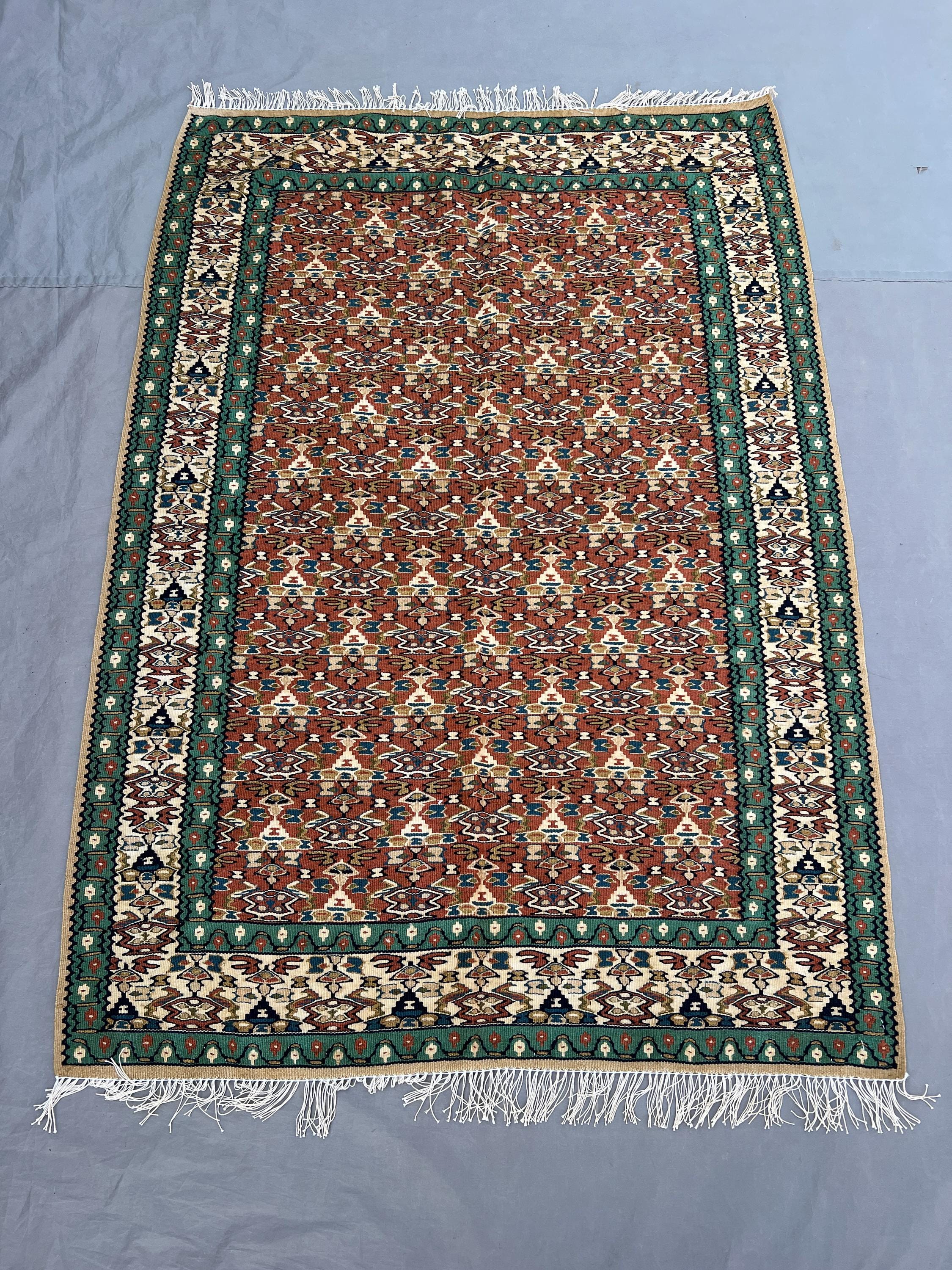 3'8x5'2 Vintage Afghan Kilim Handwoven Wool Flatweave All-Over Diamond Boteh Rust Terracotta Forest Green Ivory Area Rug Living Room Bedroom