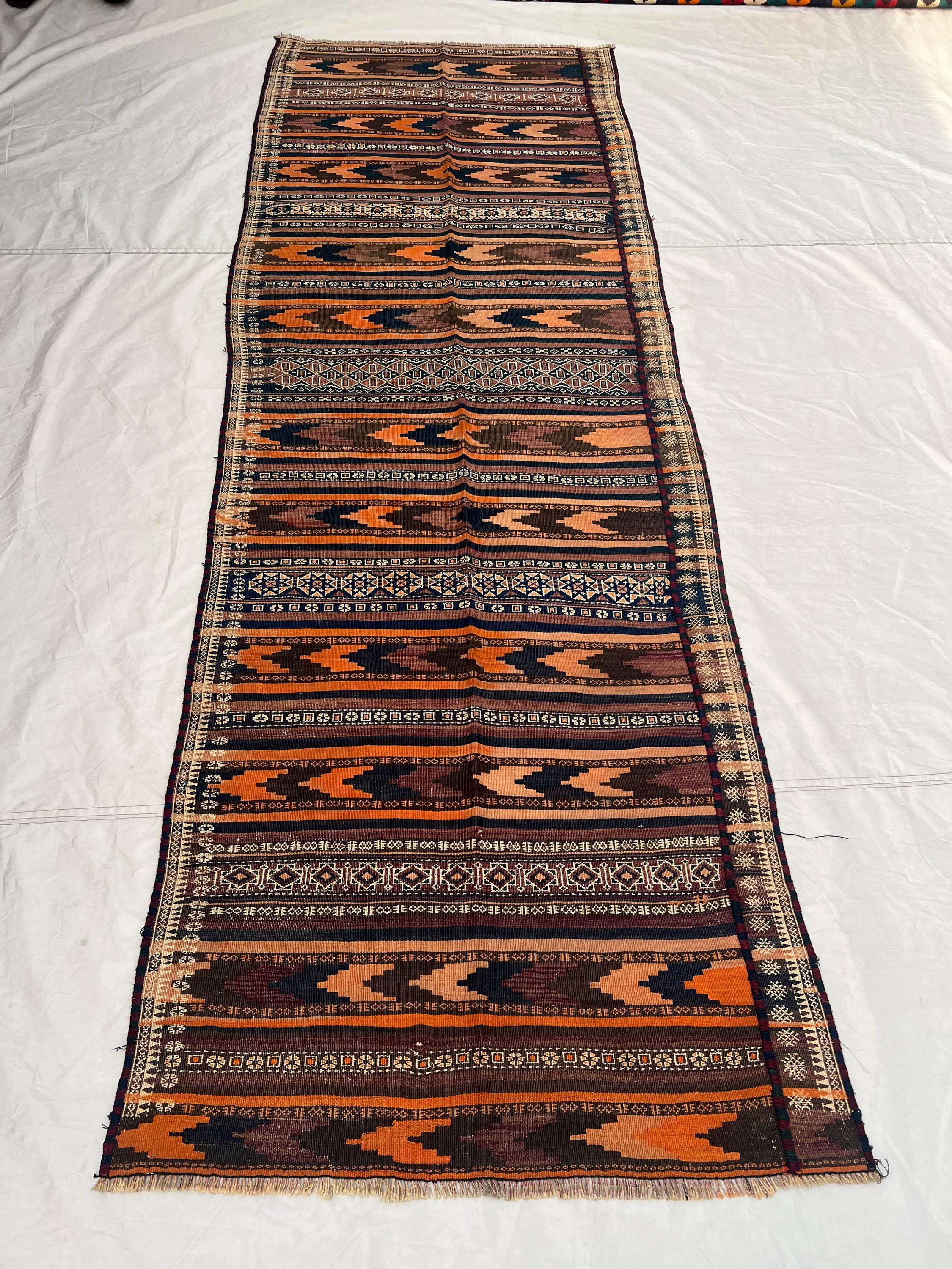 3'6x9'11 ft Vintage Afghan Kilim Runner | Handwoven Tribal Striped Chevron Arrow | Fiery Orange & Dark Aubergine Flatweave | Hallway Runner