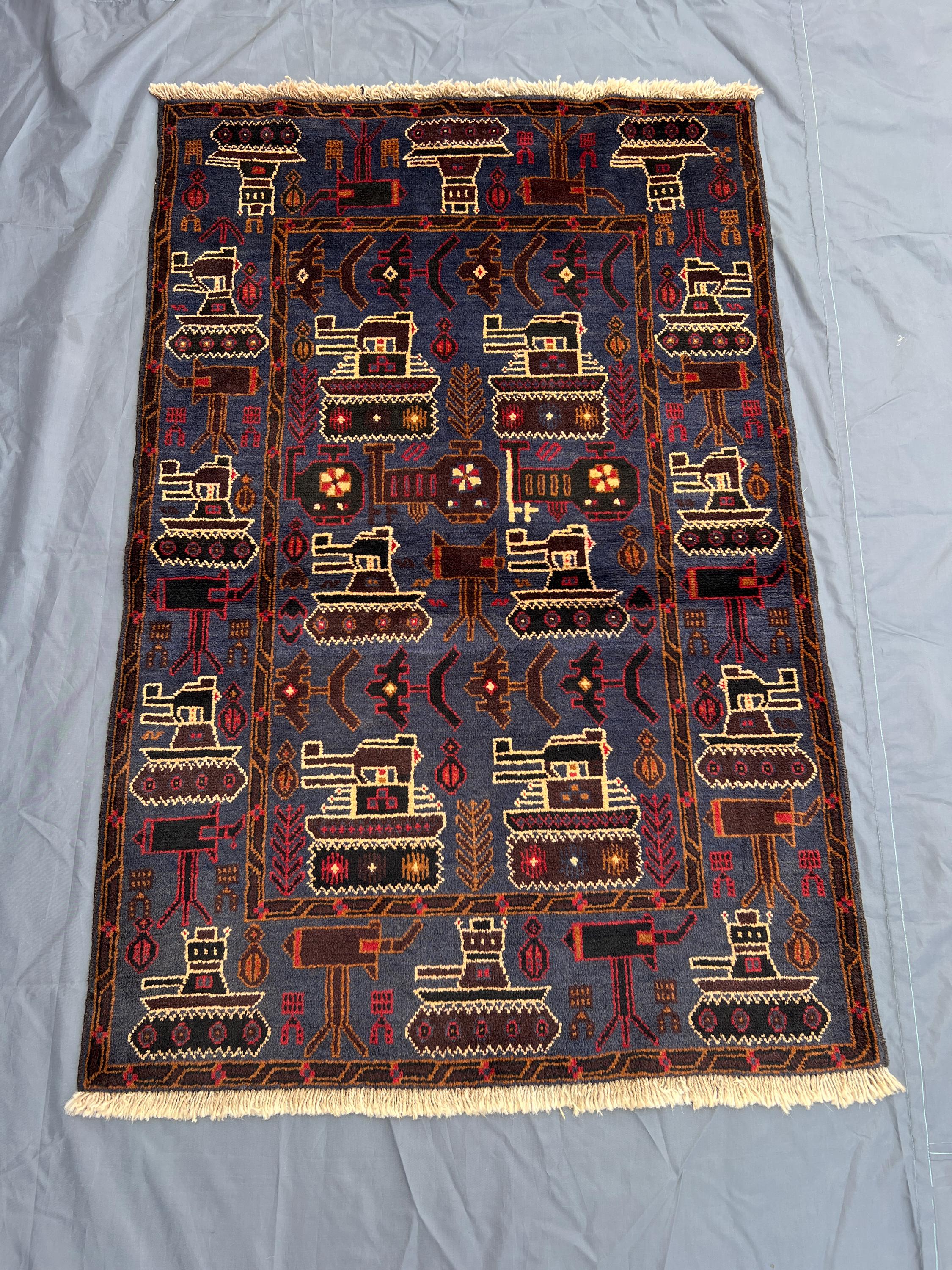 Afghan War Rug 3x5 | Hand Knotted Wool Pictorial Rug | Blue Red Vintage Military Design | Collectible Tribal O